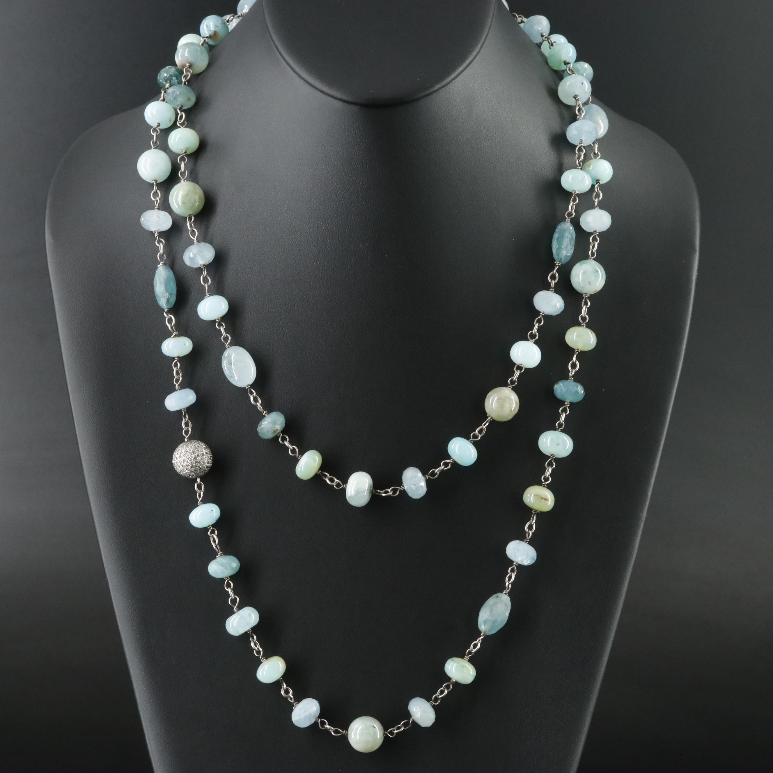 Sheryl Lowe Sterling Aquamarine, Common Opal and Diamond Necklace