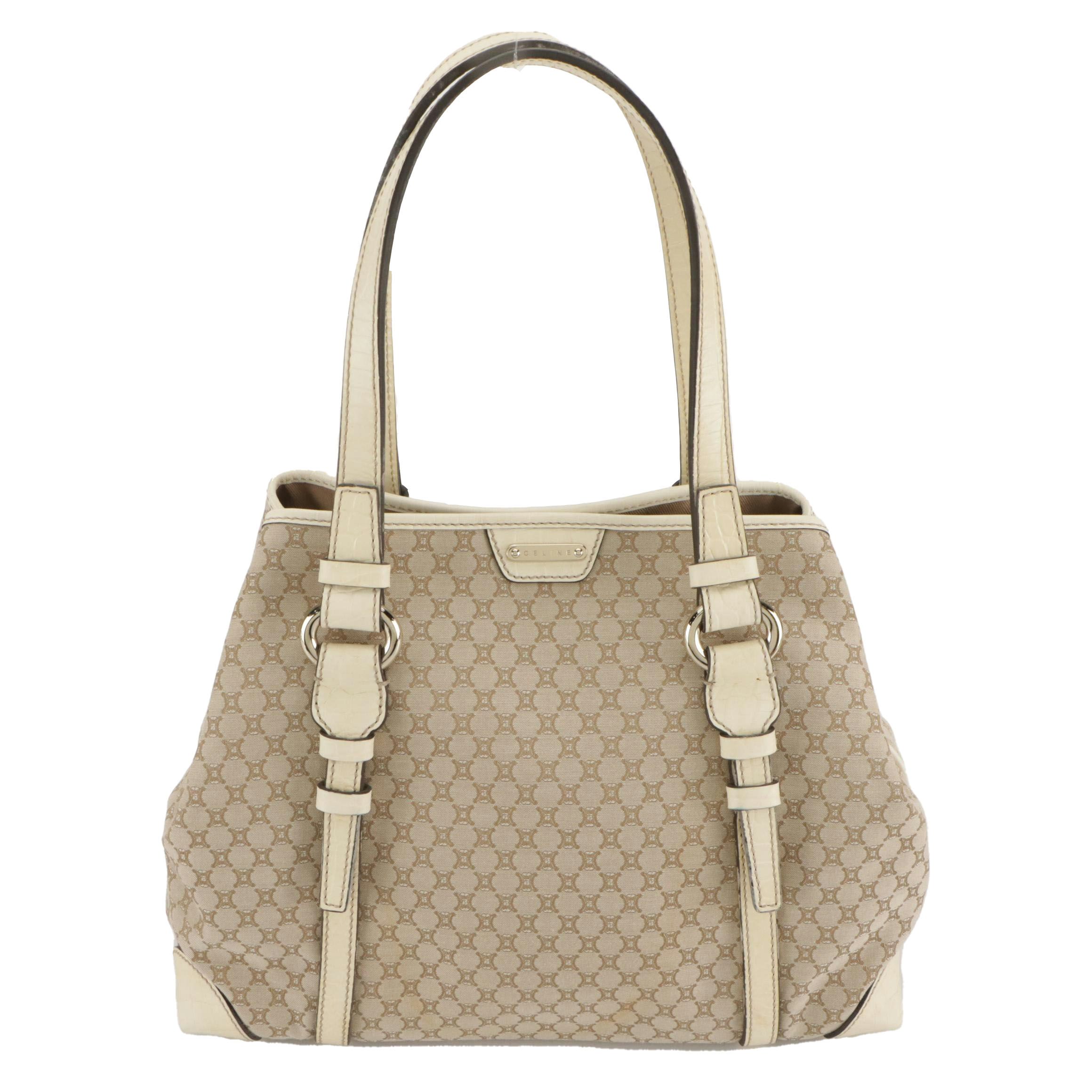 Celine Beige Triomphe Canvas Tote Bag with Ivory Croc Embossed Leather Trim