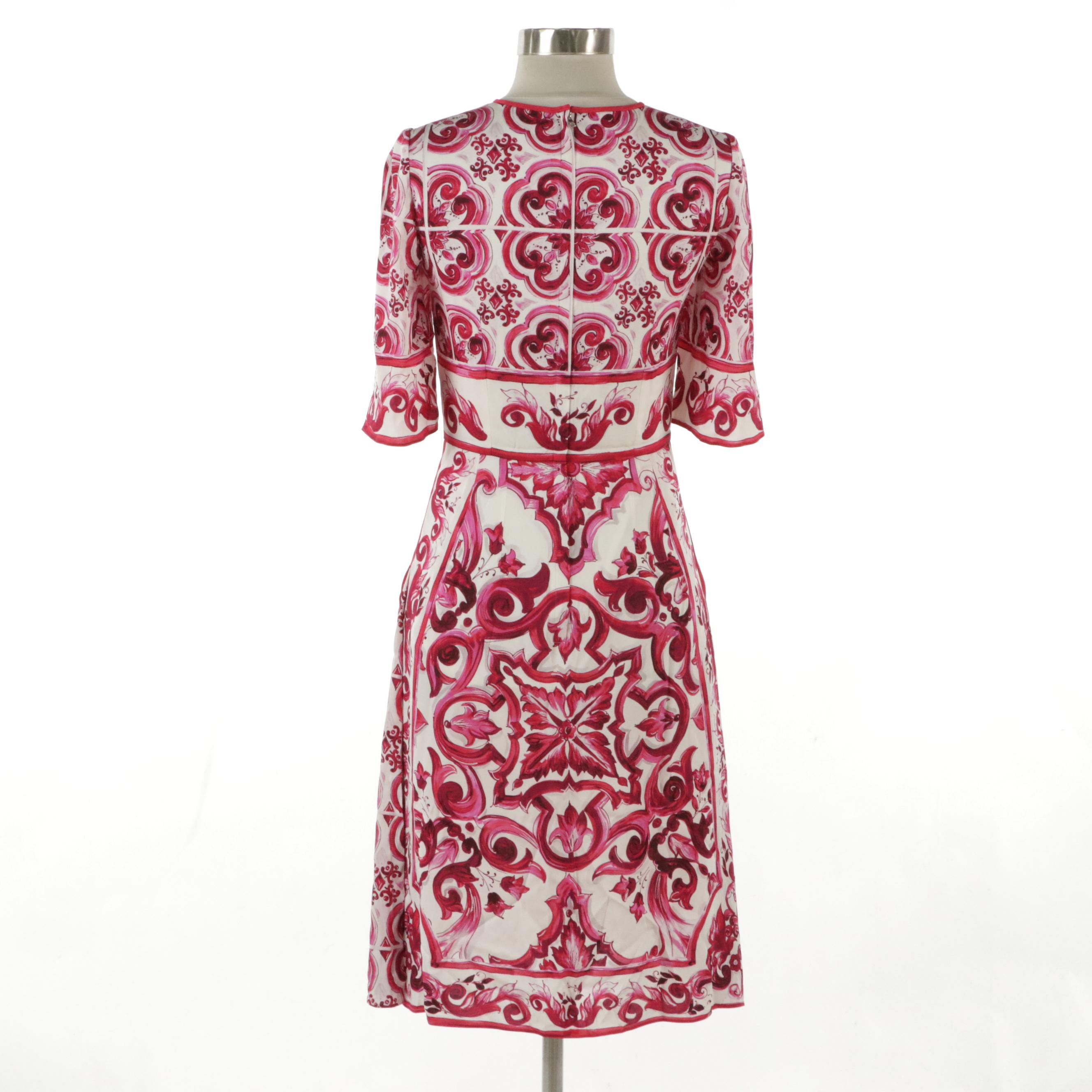 Dolce & Gabbana Majolica Print Midi Dress in Silk-Blend Charmeuse