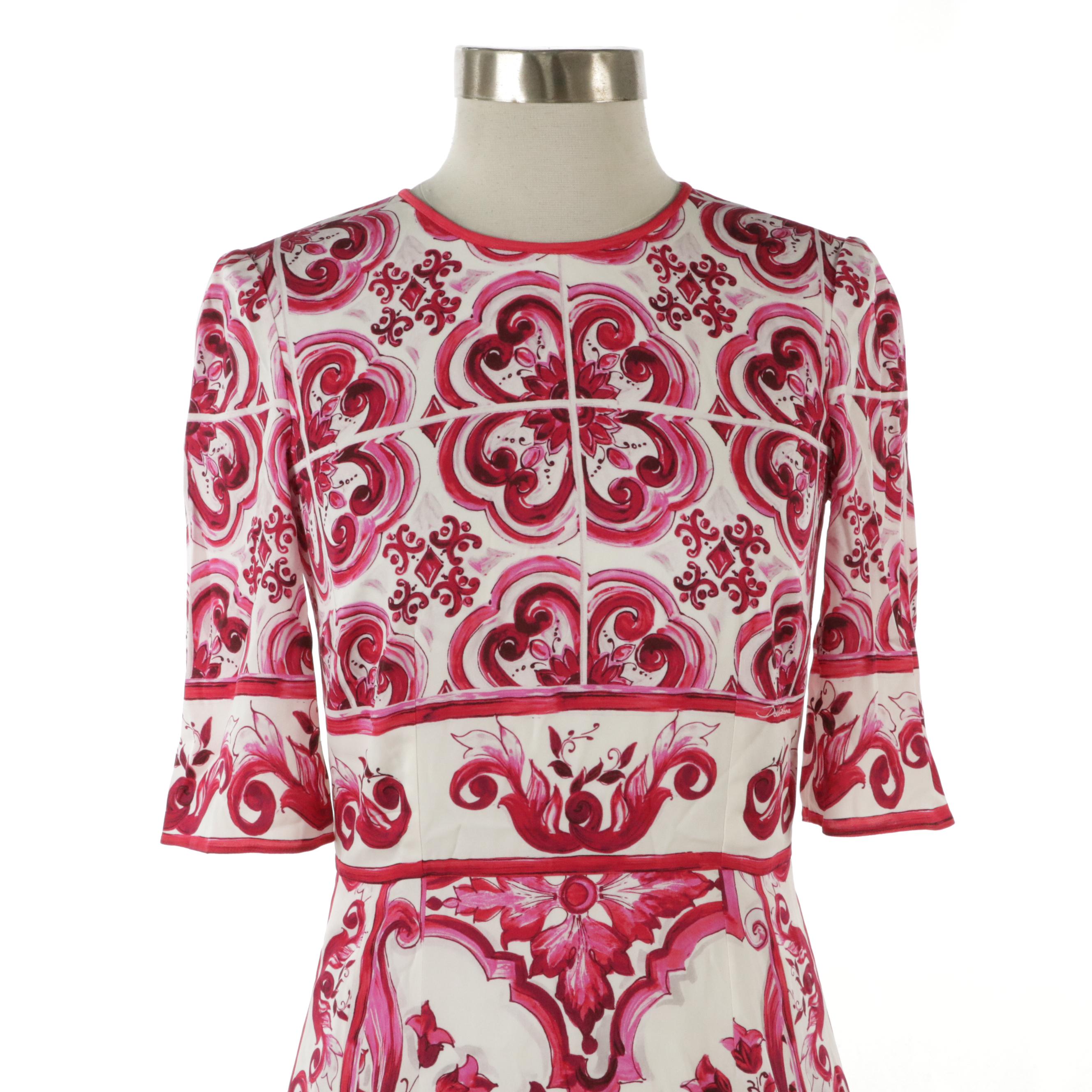 Dolce & Gabbana Majolica Print Midi Dress in Silk-Blend Charmeuse