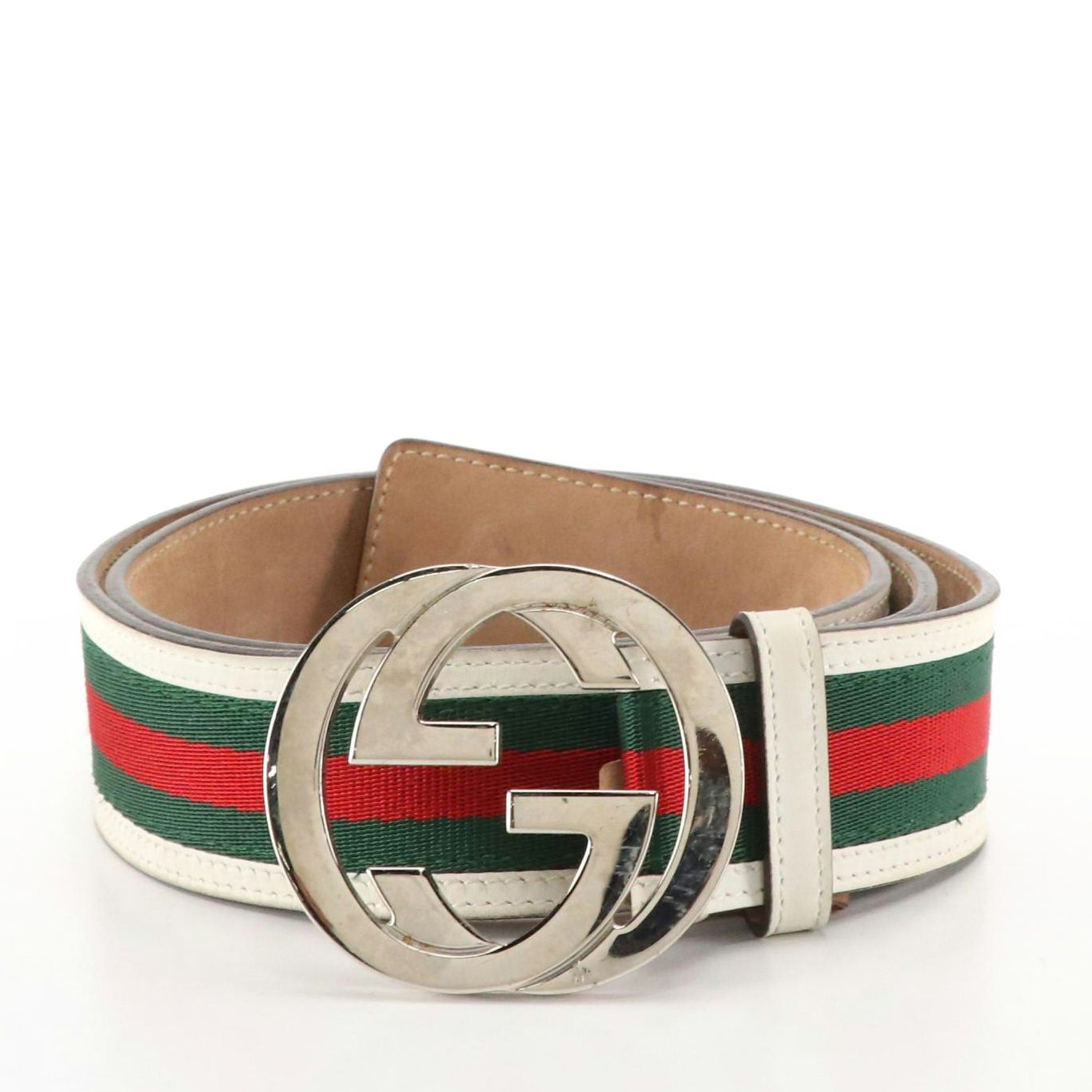Gucci Interlocking GG Web Strap Belt with White Leather Trim