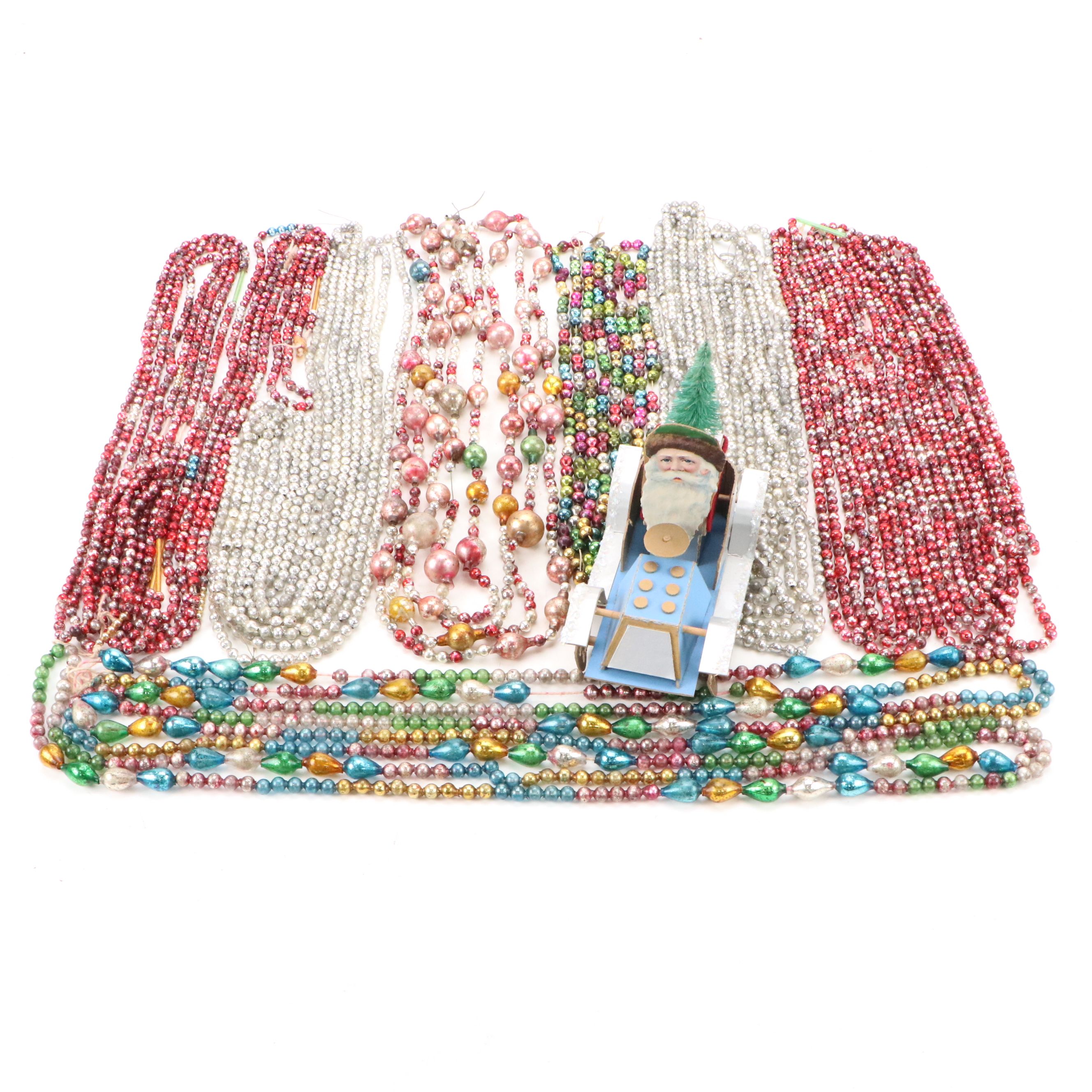 Vintage Red, Silver and Other Plastic Christmas Garland with Folk Art Car