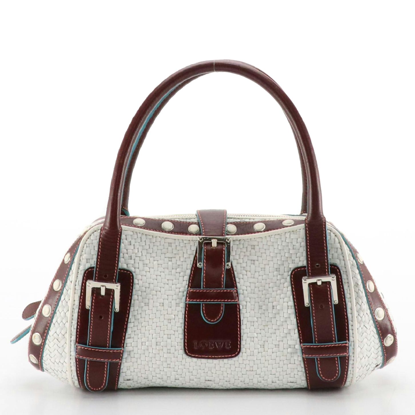 Loewe Woven Senda Bag with Brown Leather Trim and Blue Accents