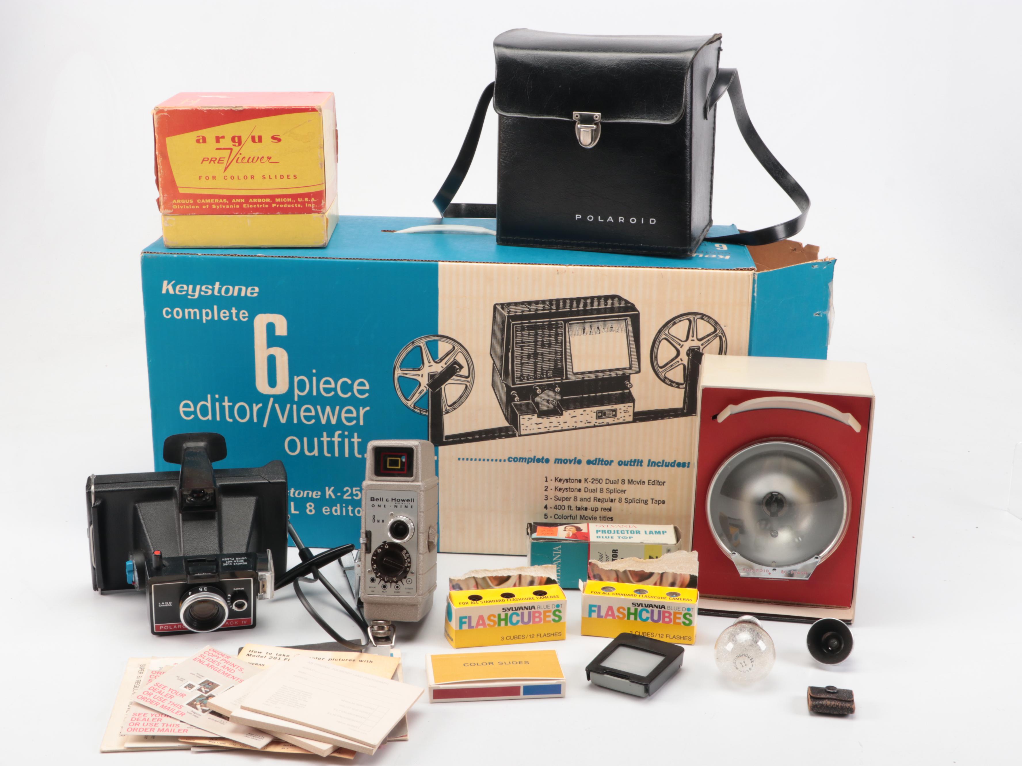 Bell & Howell Movie Camera, Film Editor, Polaroid Camera and Accessories