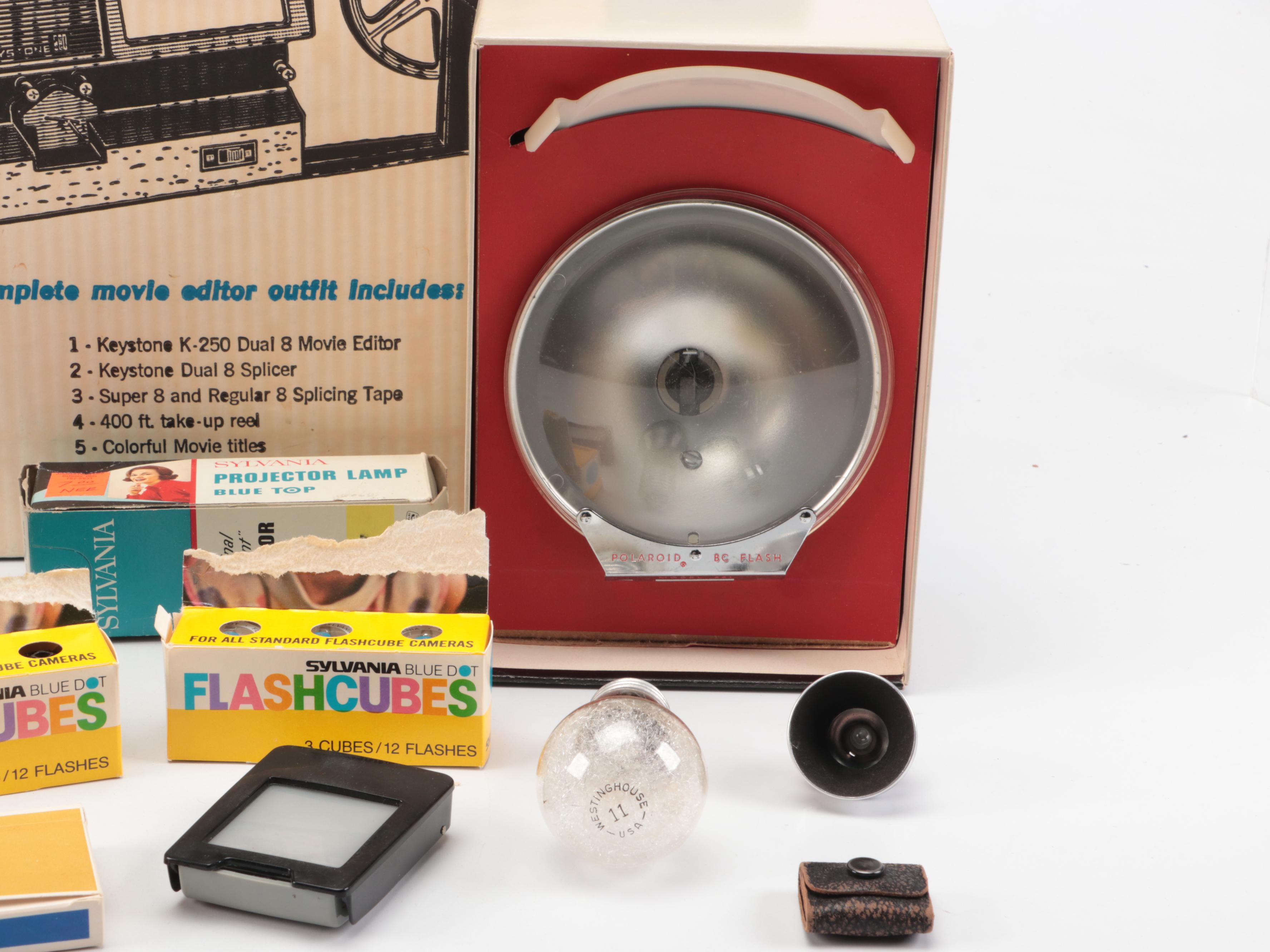 Bell & Howell Movie Camera, Film Editor, Polaroid Camera and Accessories