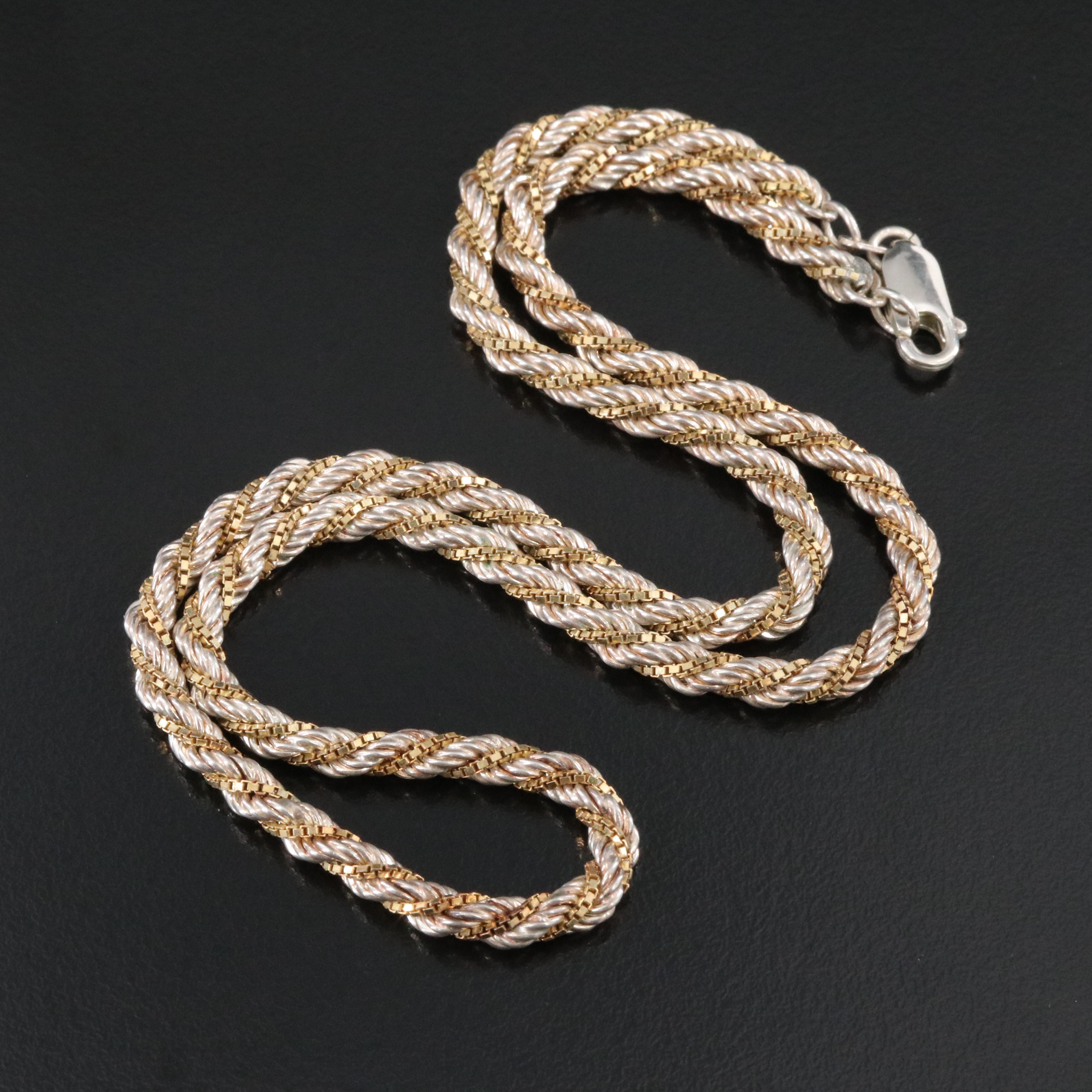 Italian Sterling Two-Tone Box and Braided Chain Necklace