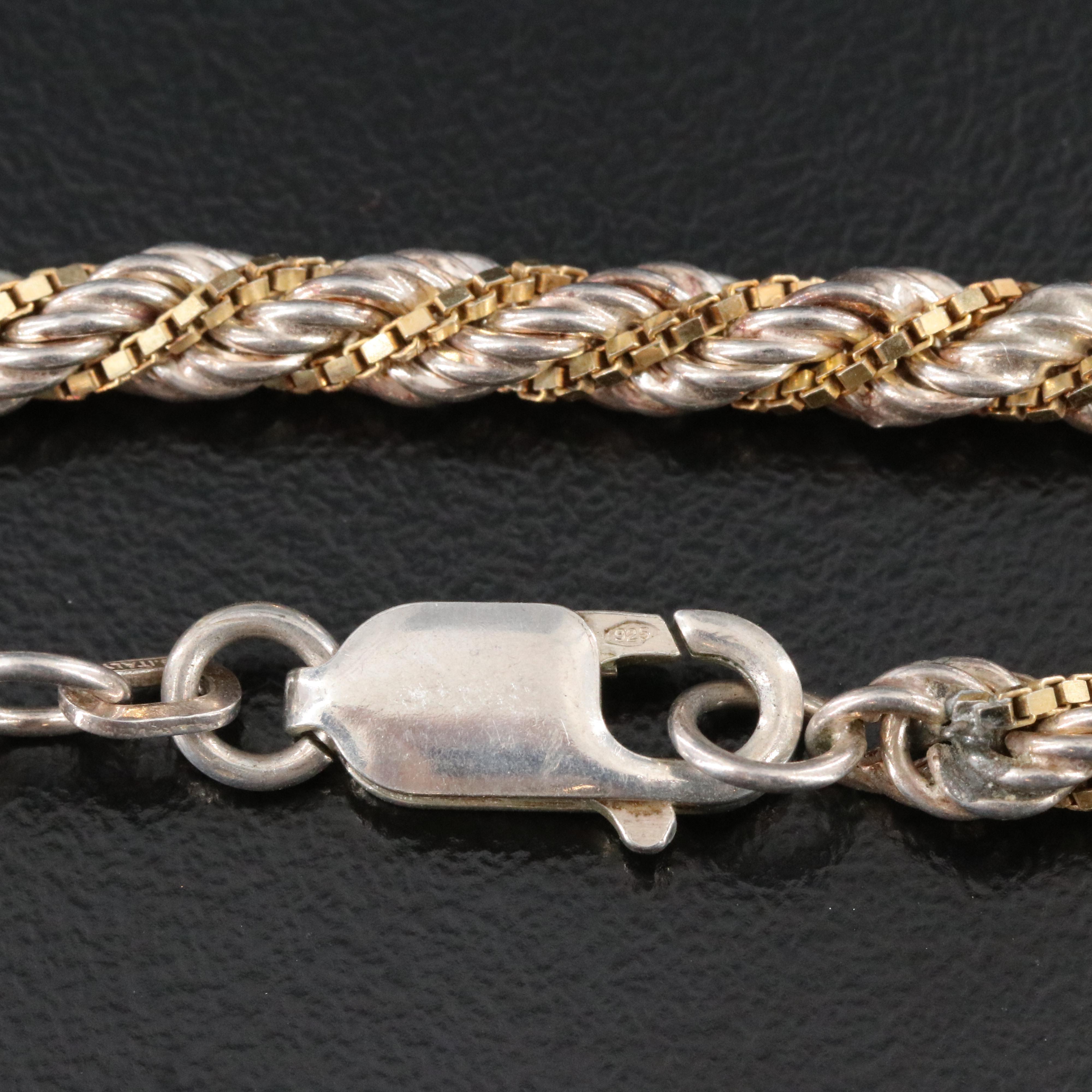 Italian Sterling Two-Tone Box and Braided Chain Necklace