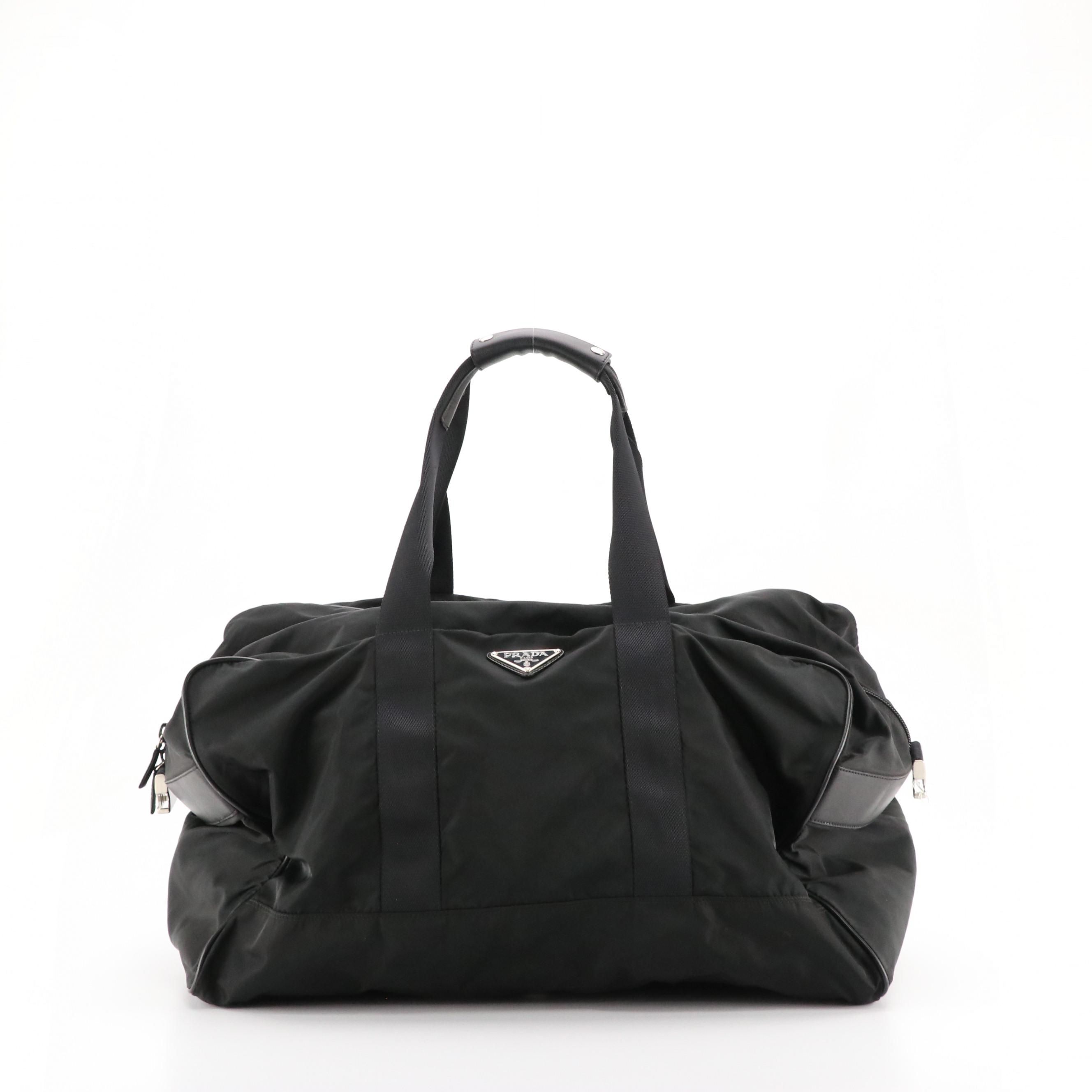 Prada Black Tessuto Nylon and Saffiano Leather Travel Duffle Bag
