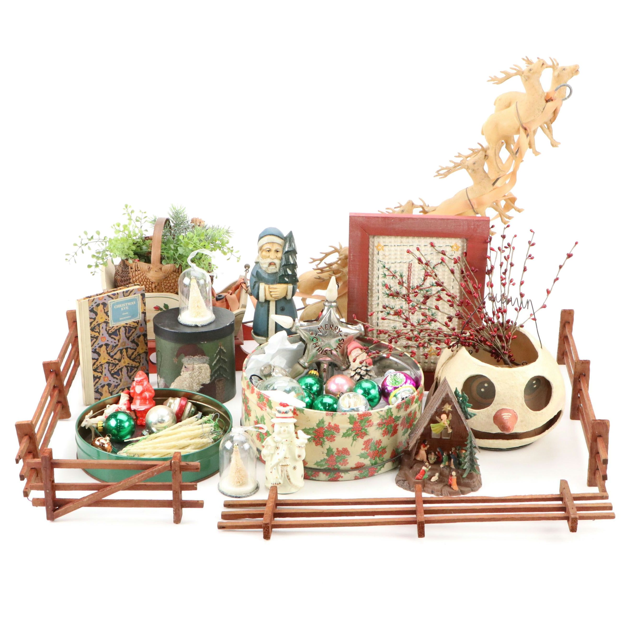 Vintage Mercury Glass Christmas Ornaments with Snowman Basket and Other Décor