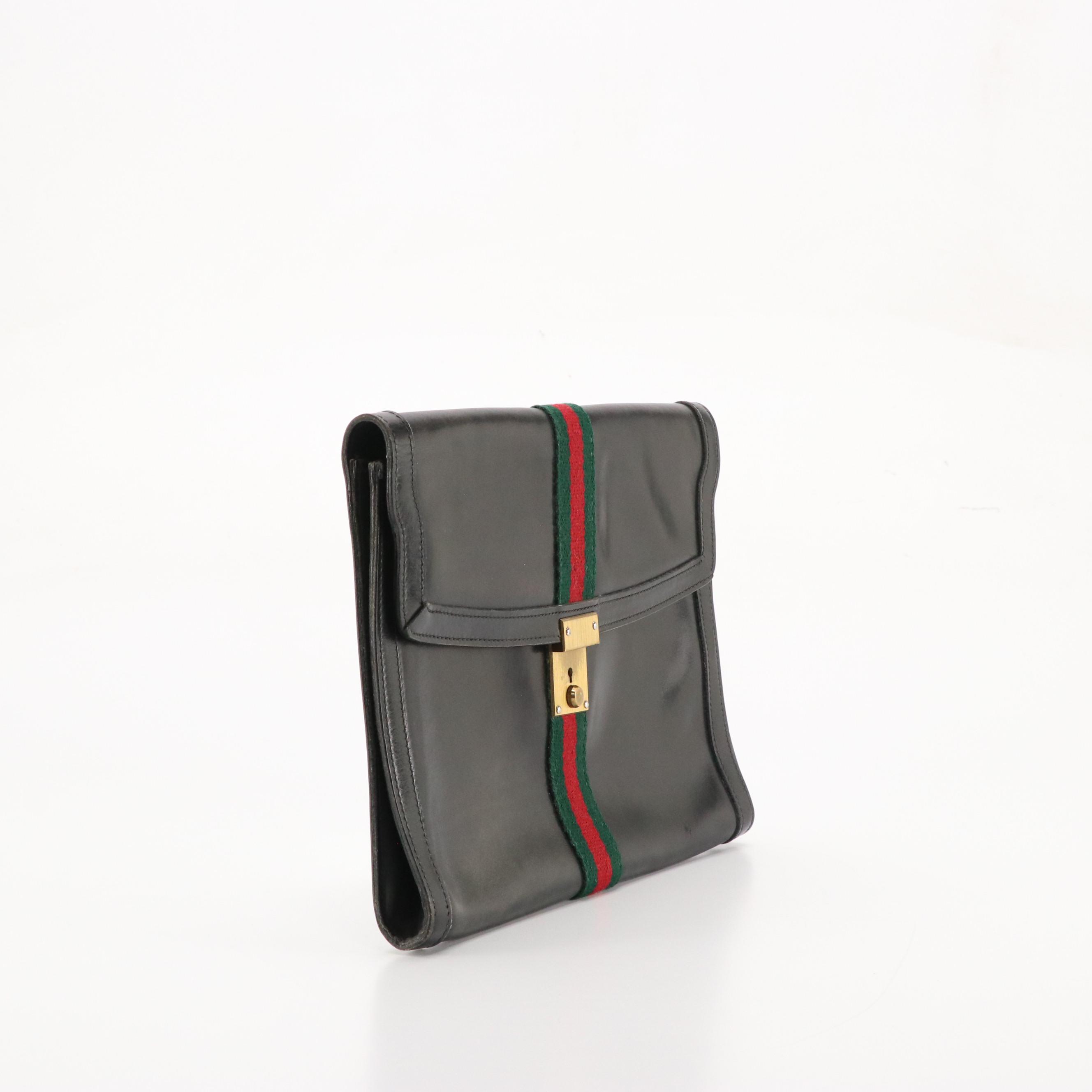 Vintage Gucci Flap Top Clutch in Black Leather and Web