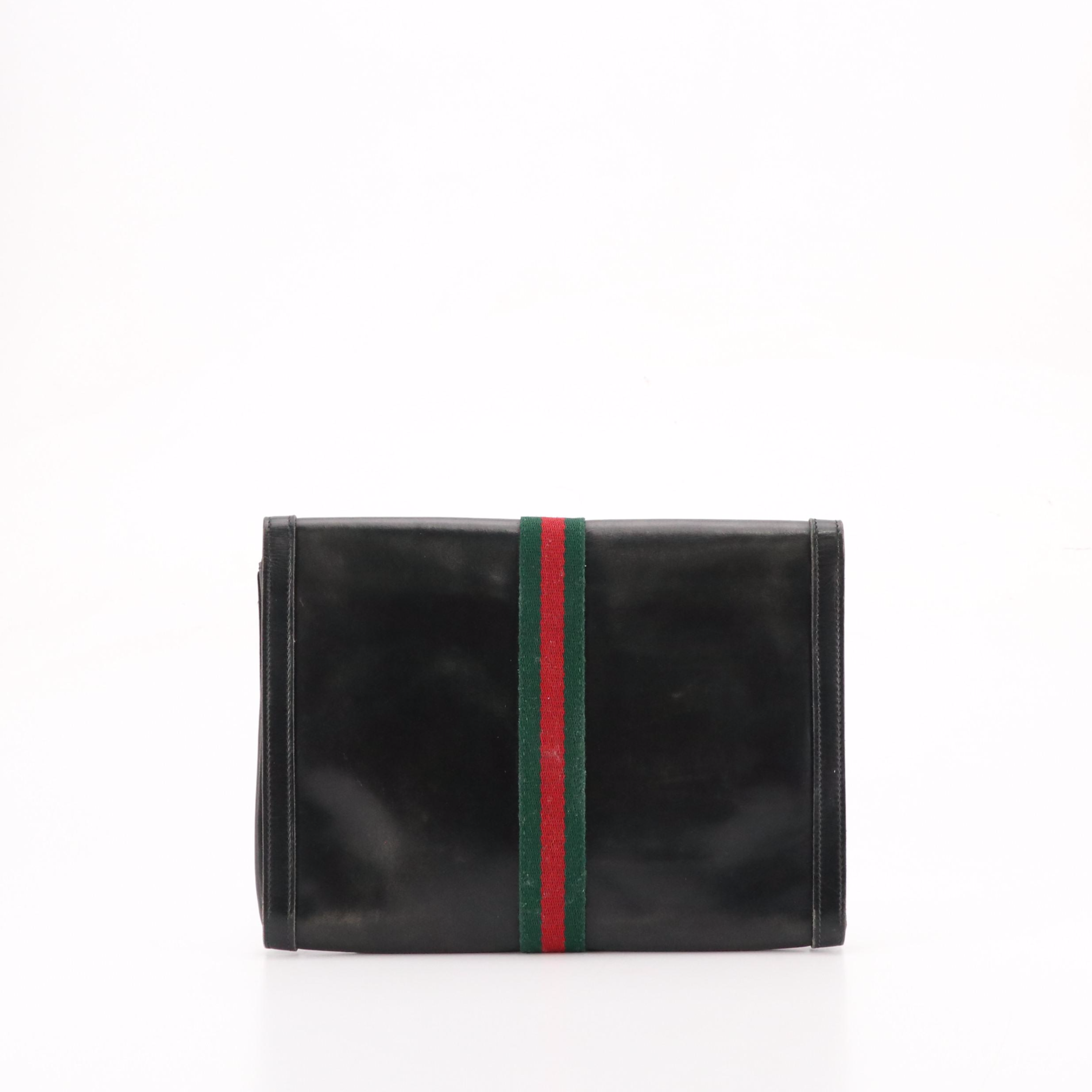 Vintage Gucci Flap Top Clutch in Black Leather and Web