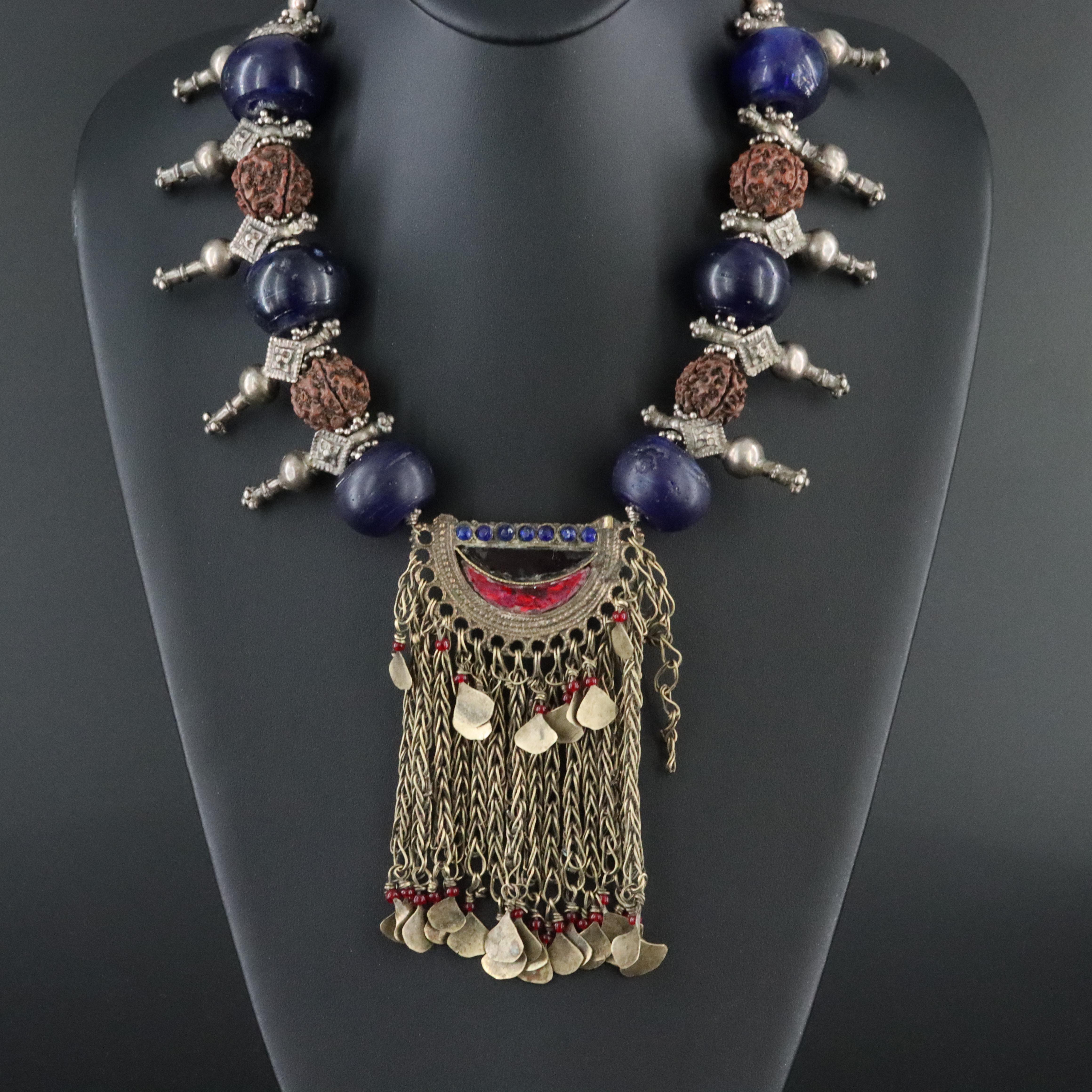 Wood, Glass, and Rhinestone Indian Assemblage Necklace