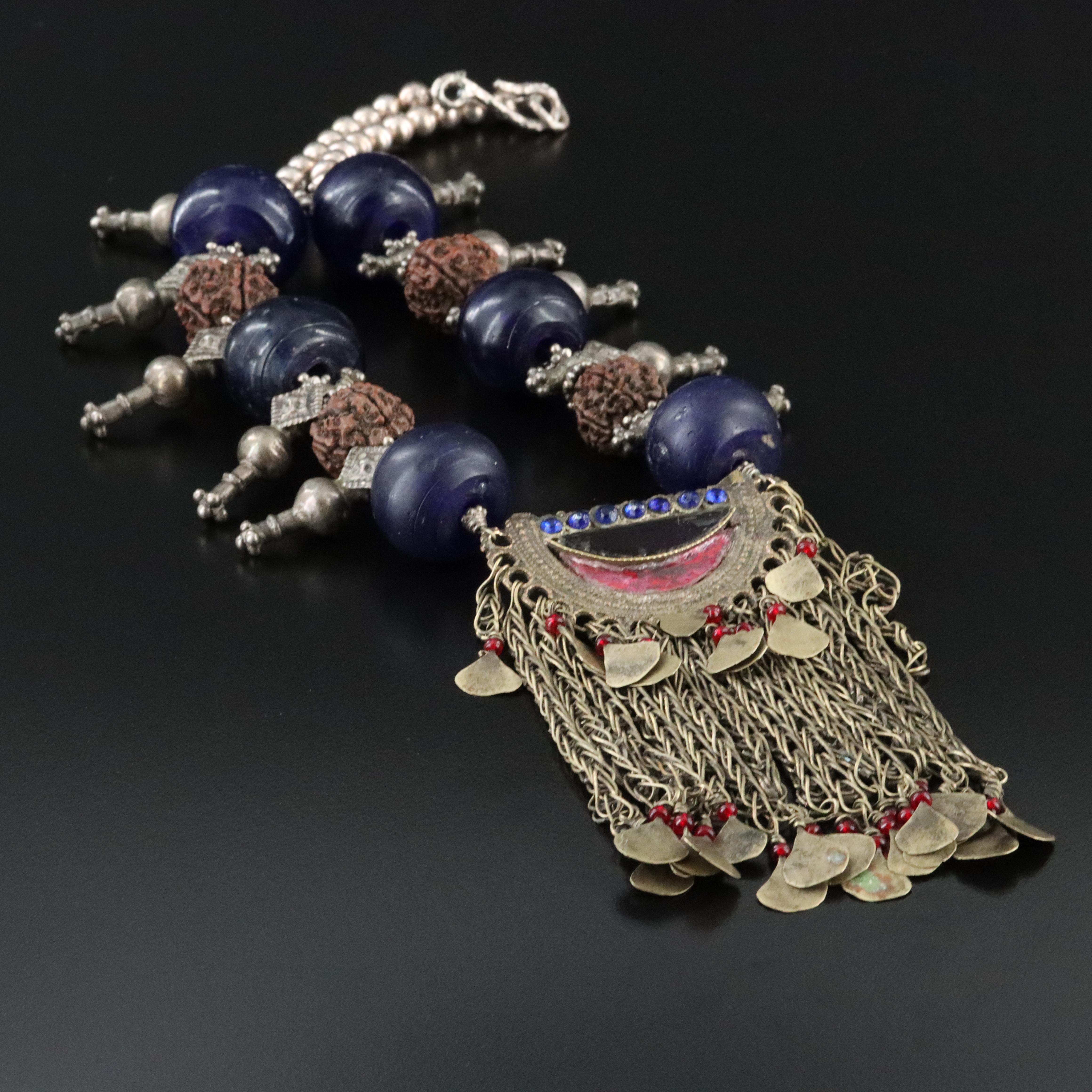 Wood, Glass, and Rhinestone Indian Assemblage Necklace
