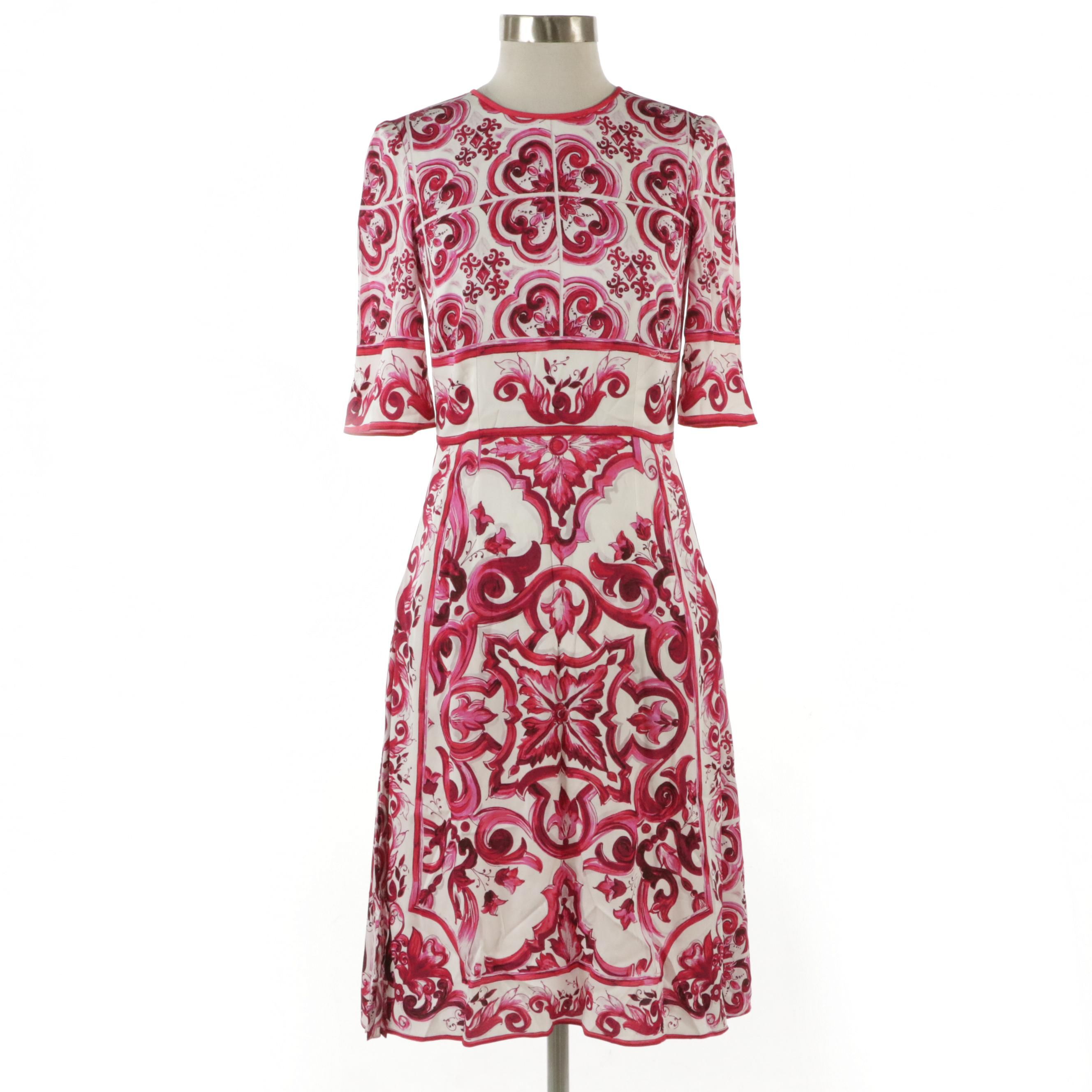 Dolce & Gabbana Majolica Print Midi Dress in Silk-Blend Charmeuse