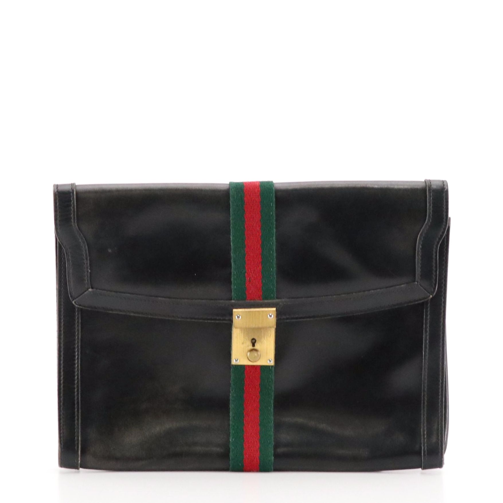 Vintage Gucci Flap Top Clutch in Black Leather and Web