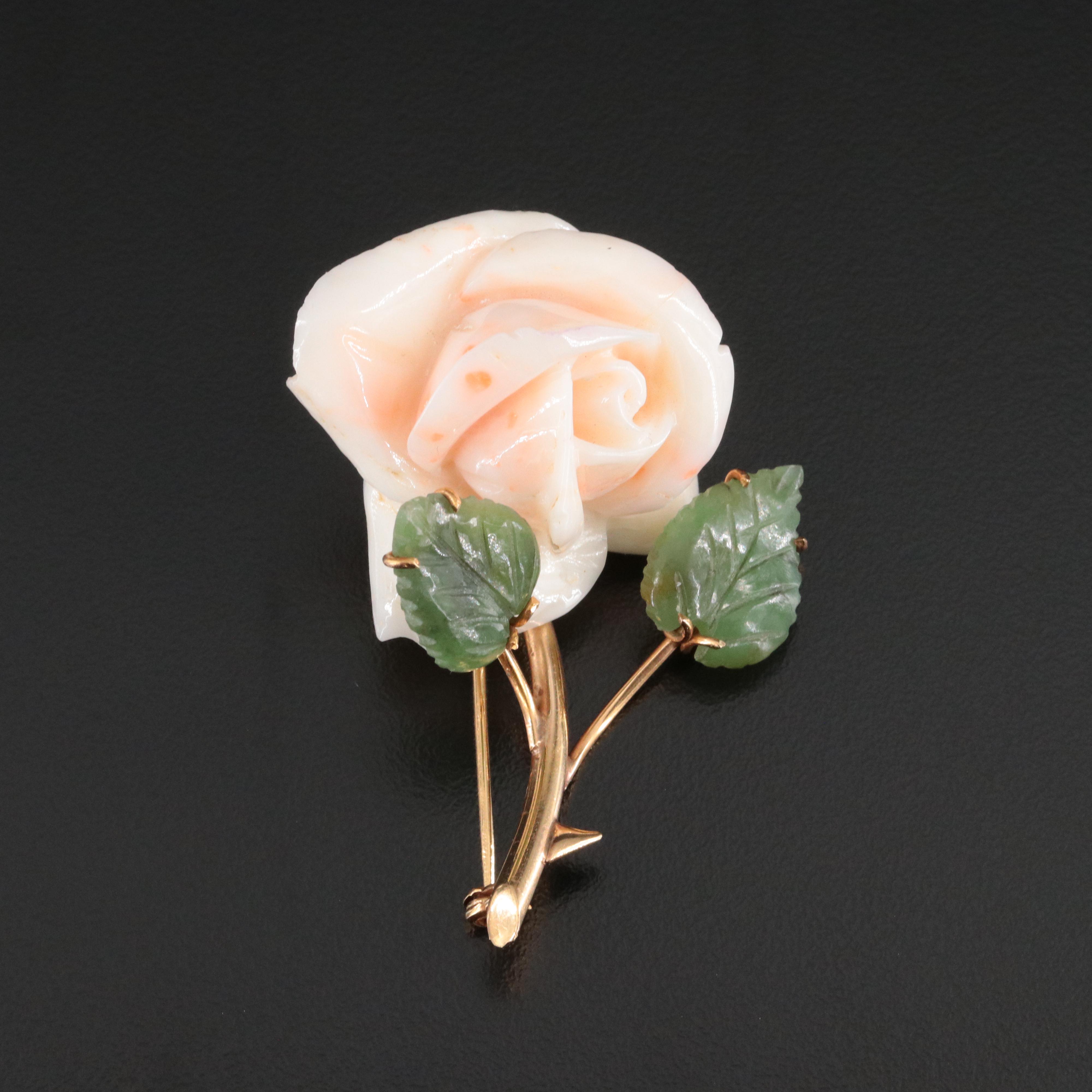 Vintage 14K Coral and Nephrite Carved Rose Brooch