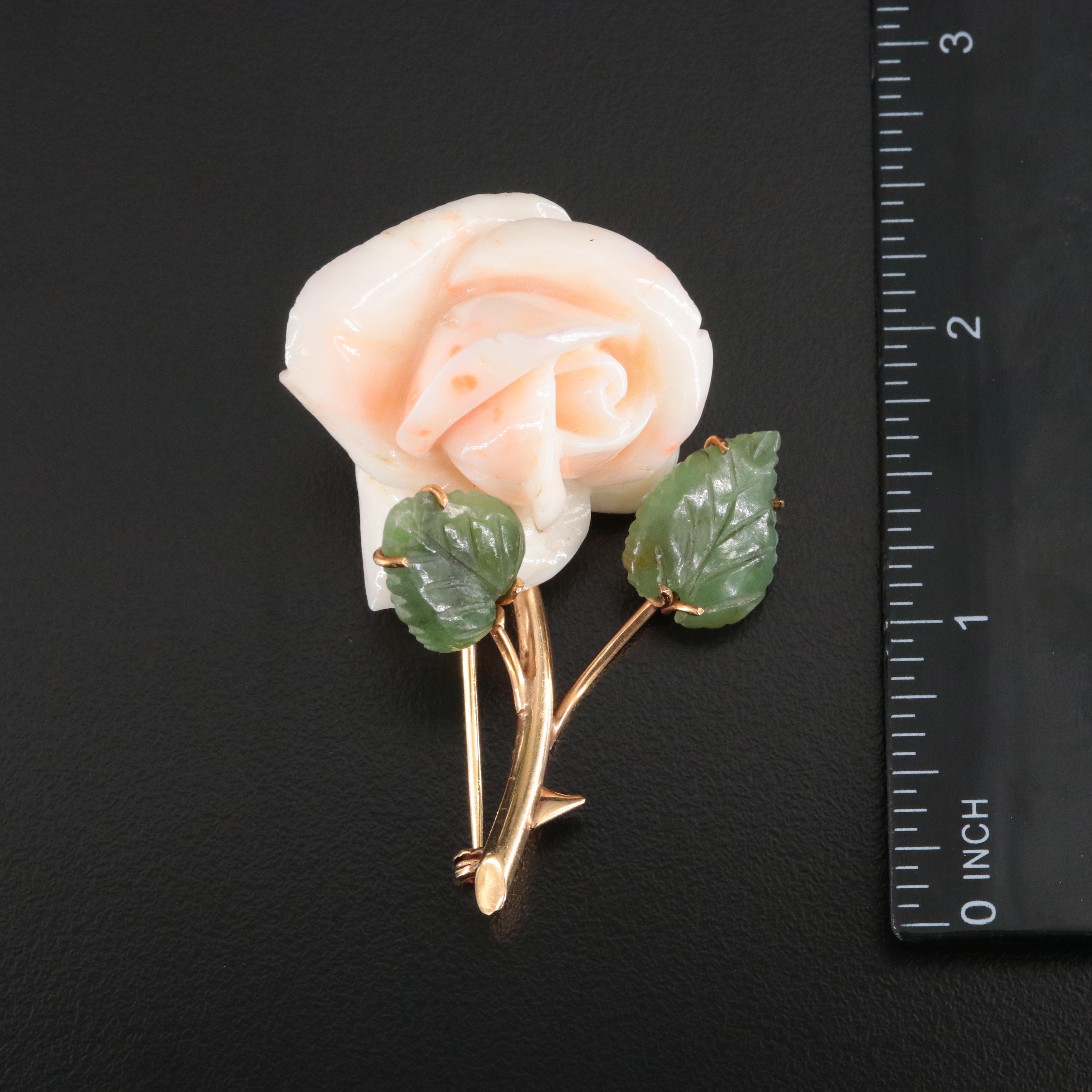 Vintage 14K Coral and Nephrite Carved Rose Brooch