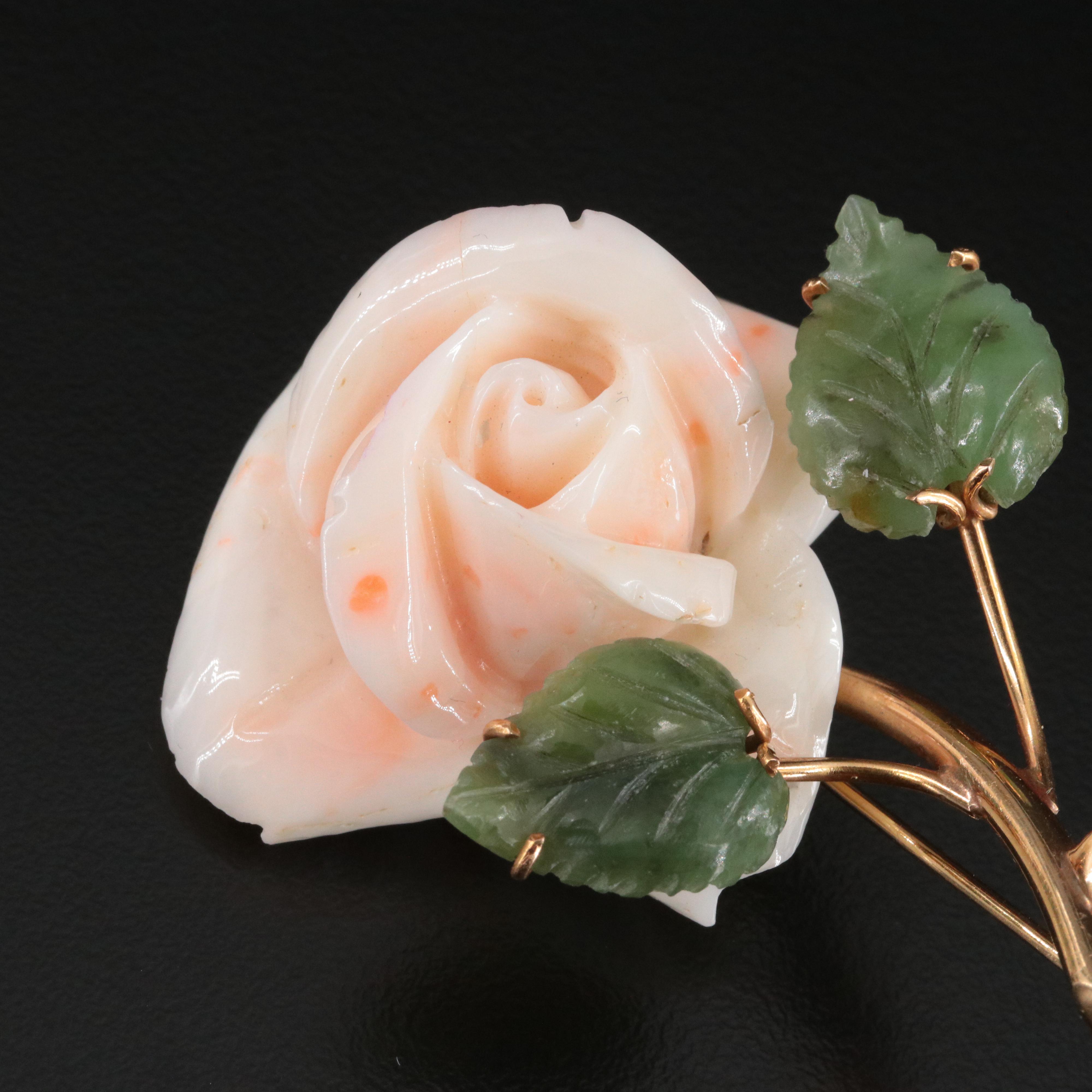 Vintage 14K Coral and Nephrite Carved Rose Brooch
