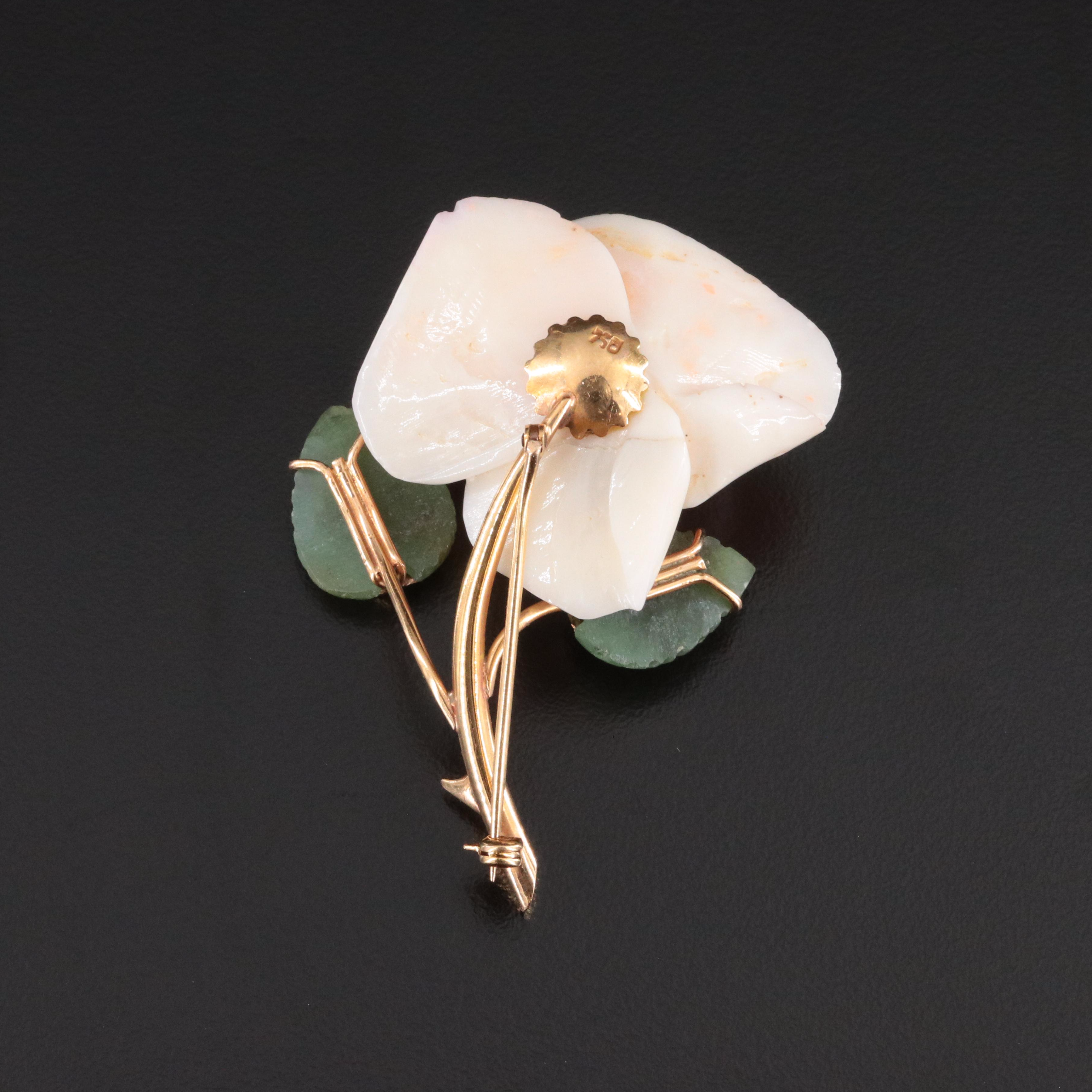 Vintage 14K Coral and Nephrite Carved Rose Brooch