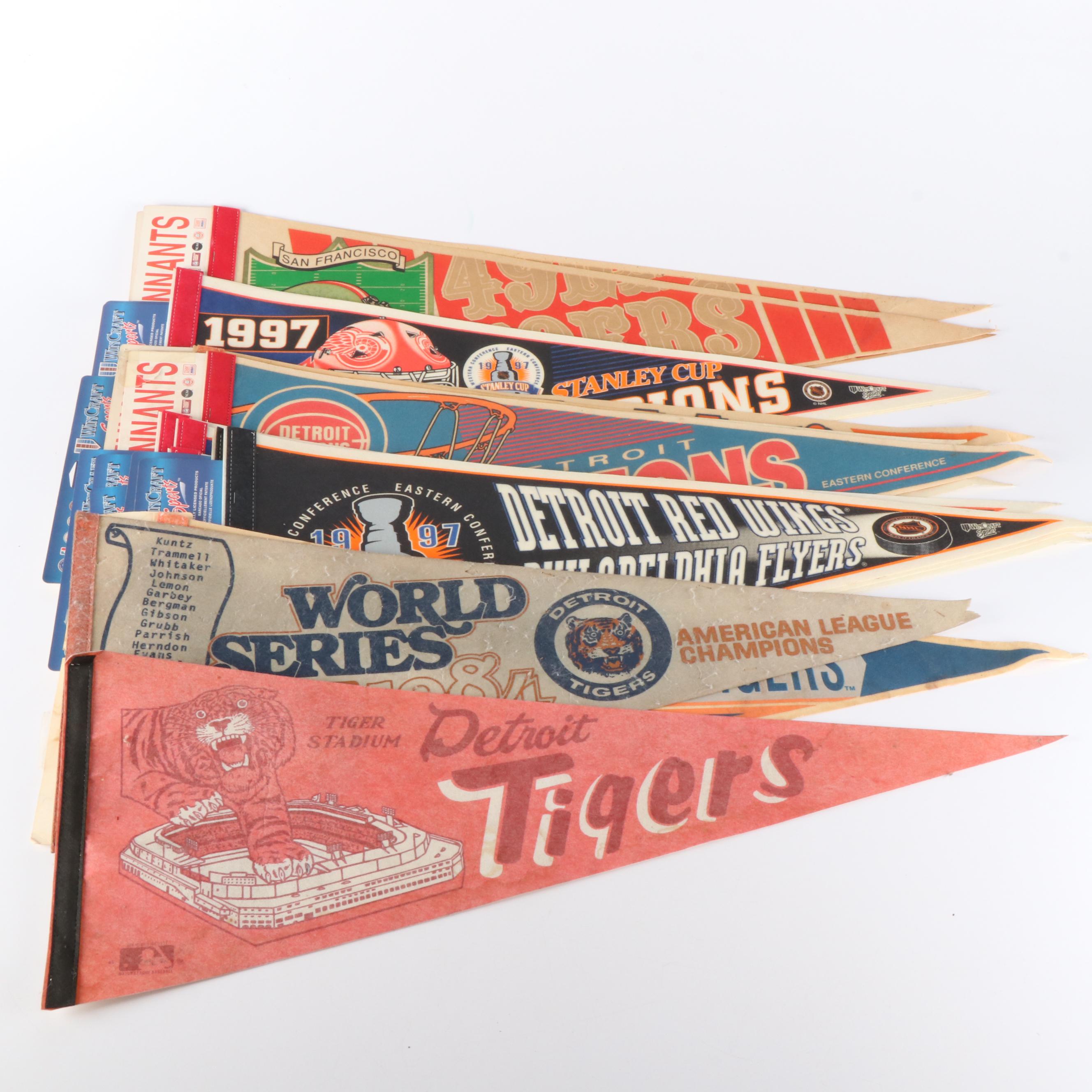Detroit Tigers, Red Wings, and Pistons Sports Pennants, Late 20th Century