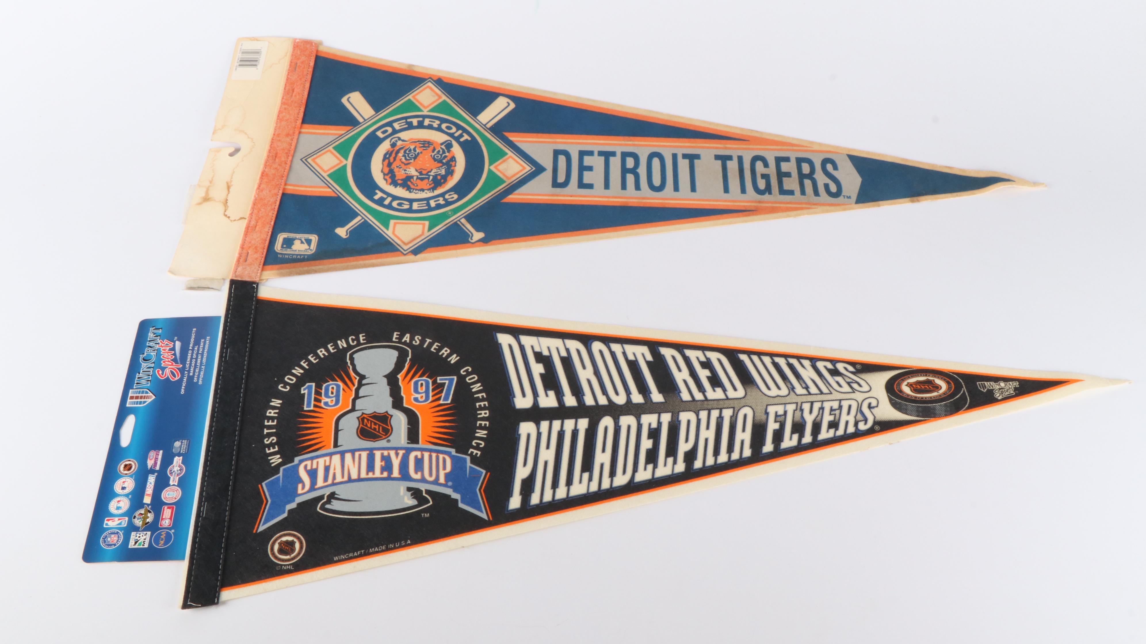 Detroit Tigers, Red Wings, and Pistons Sports Pennants, Late 20th Century