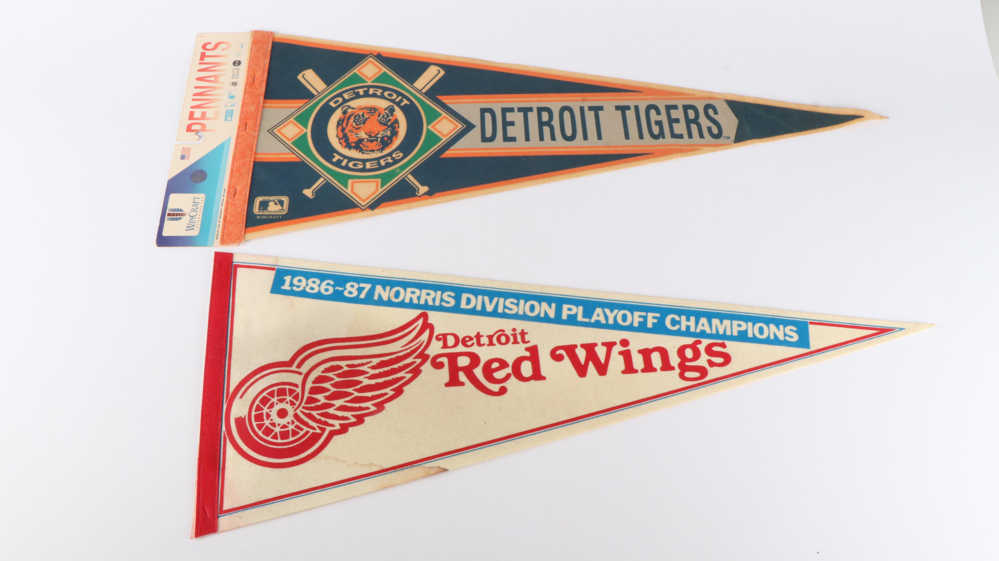 Detroit Tigers, Red Wings, and Pistons Sports Pennants, Late 20th Century