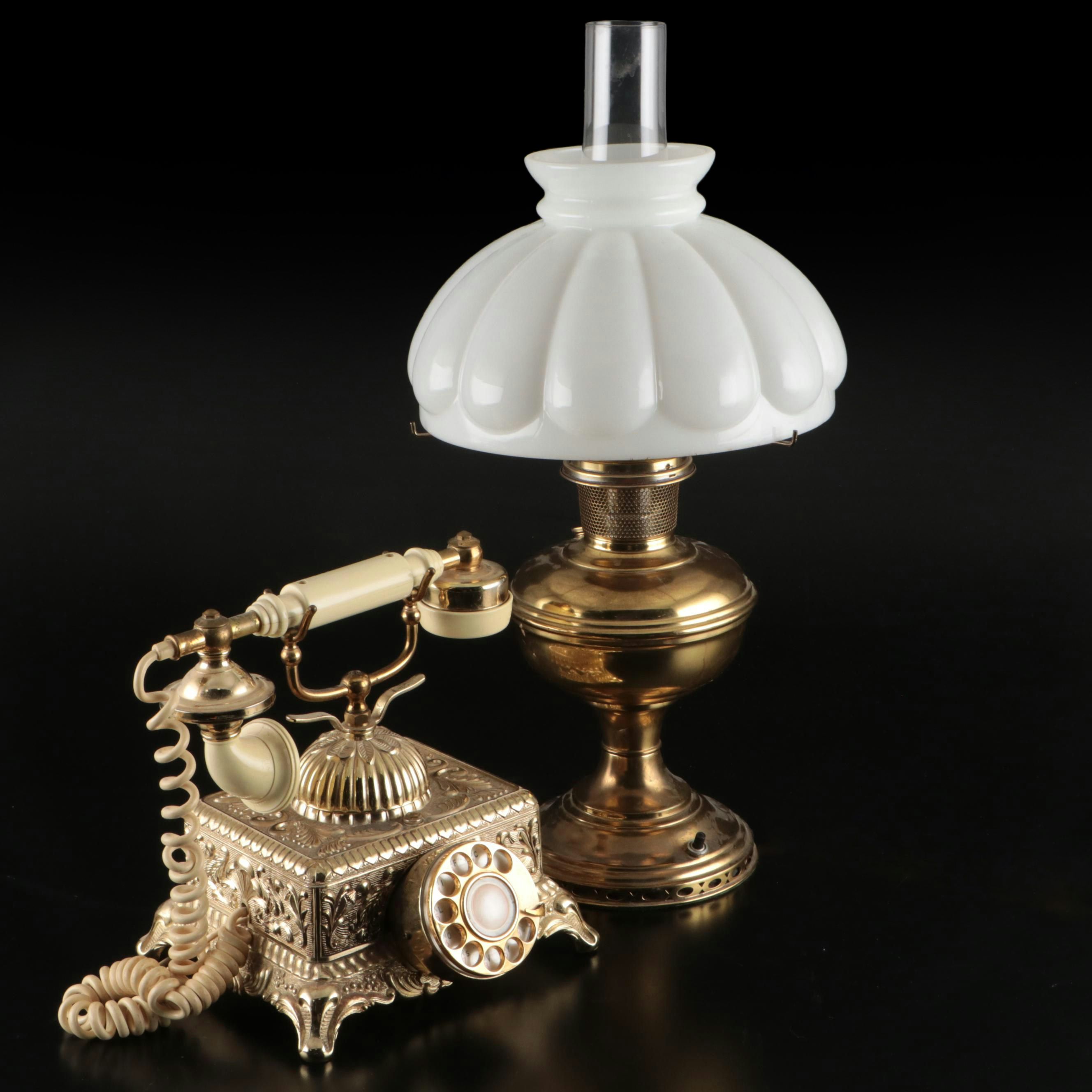 Victorian Brass Table Lamp with Ornate Brass Radio Shack Telephone