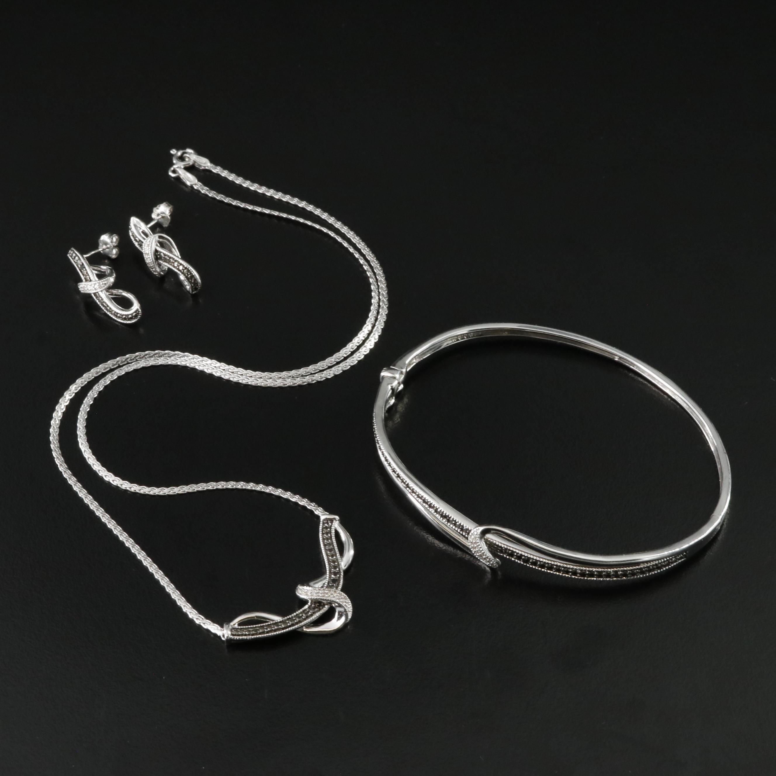 Sterling Diamond Necklace, Bracelet and Earrings with Fancy Diamond Accents