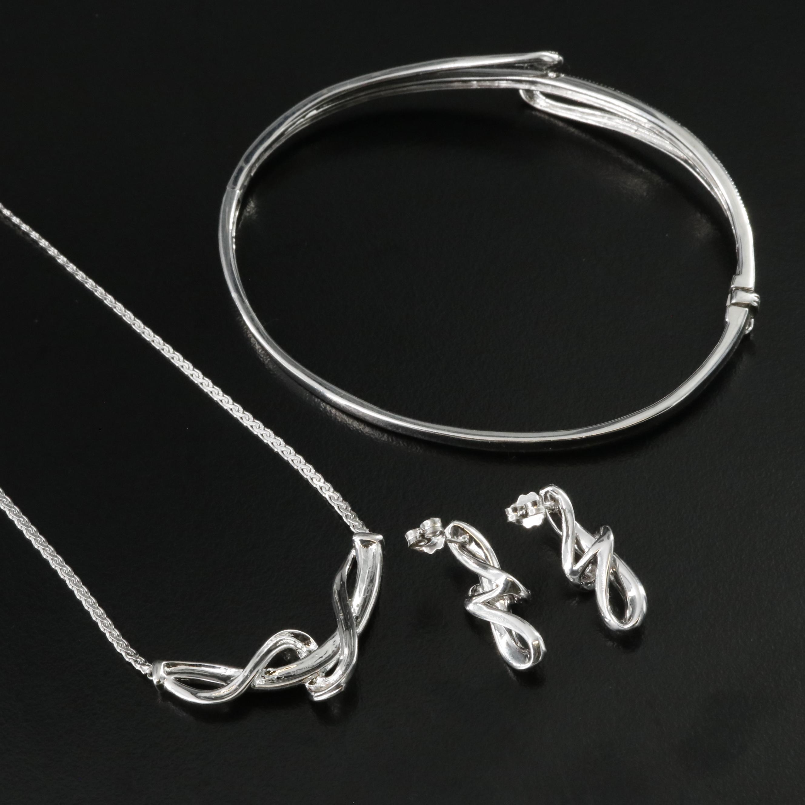 Sterling Diamond Necklace, Bracelet and Earrings with Fancy Diamond Accents