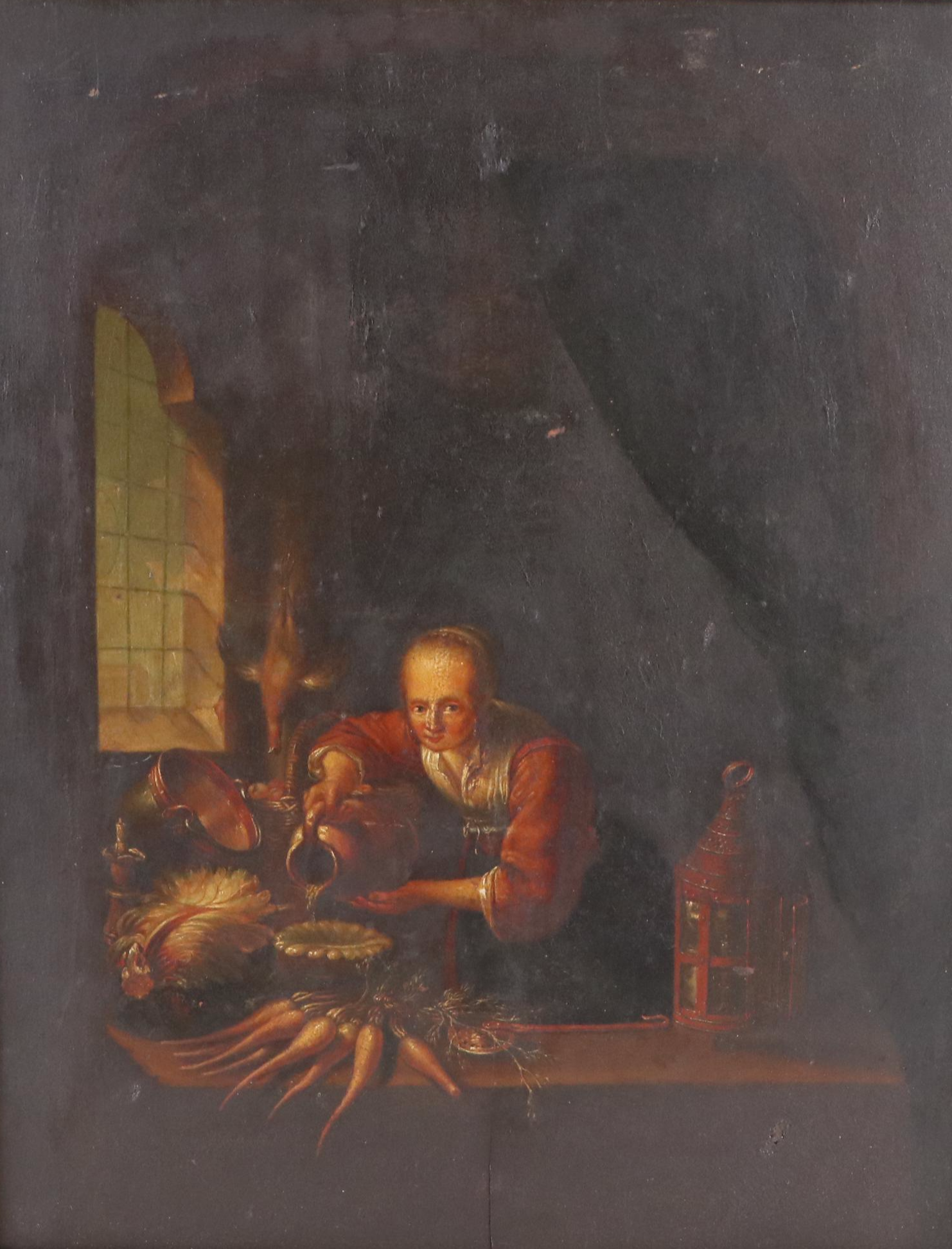Dutch School Oil Painting "La Cuisinière Hollandaise" After Gerrit Dou, 18th C.