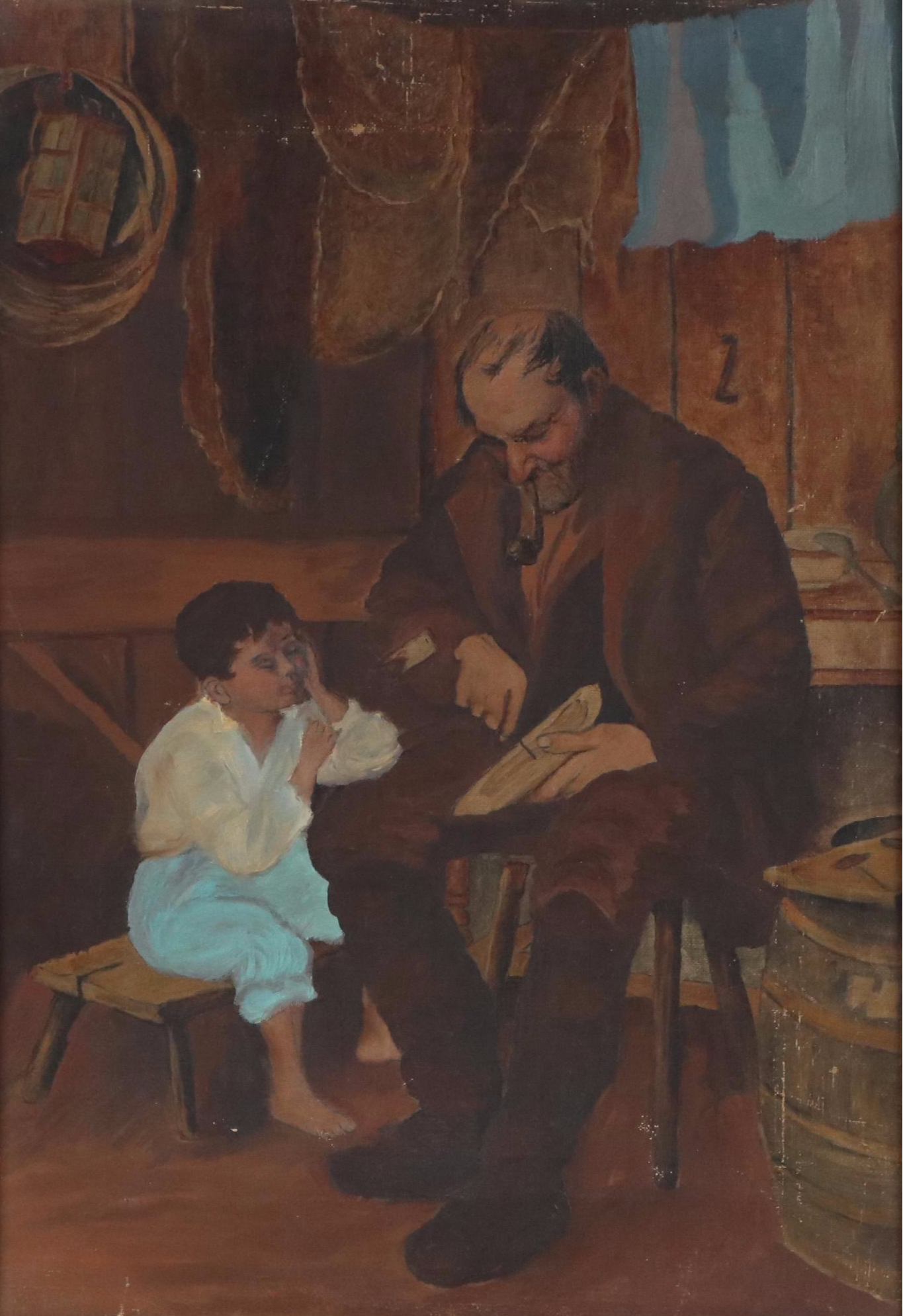 Genre Oil Painting of Man Teaching Whittling to Young Boy, 20th Century