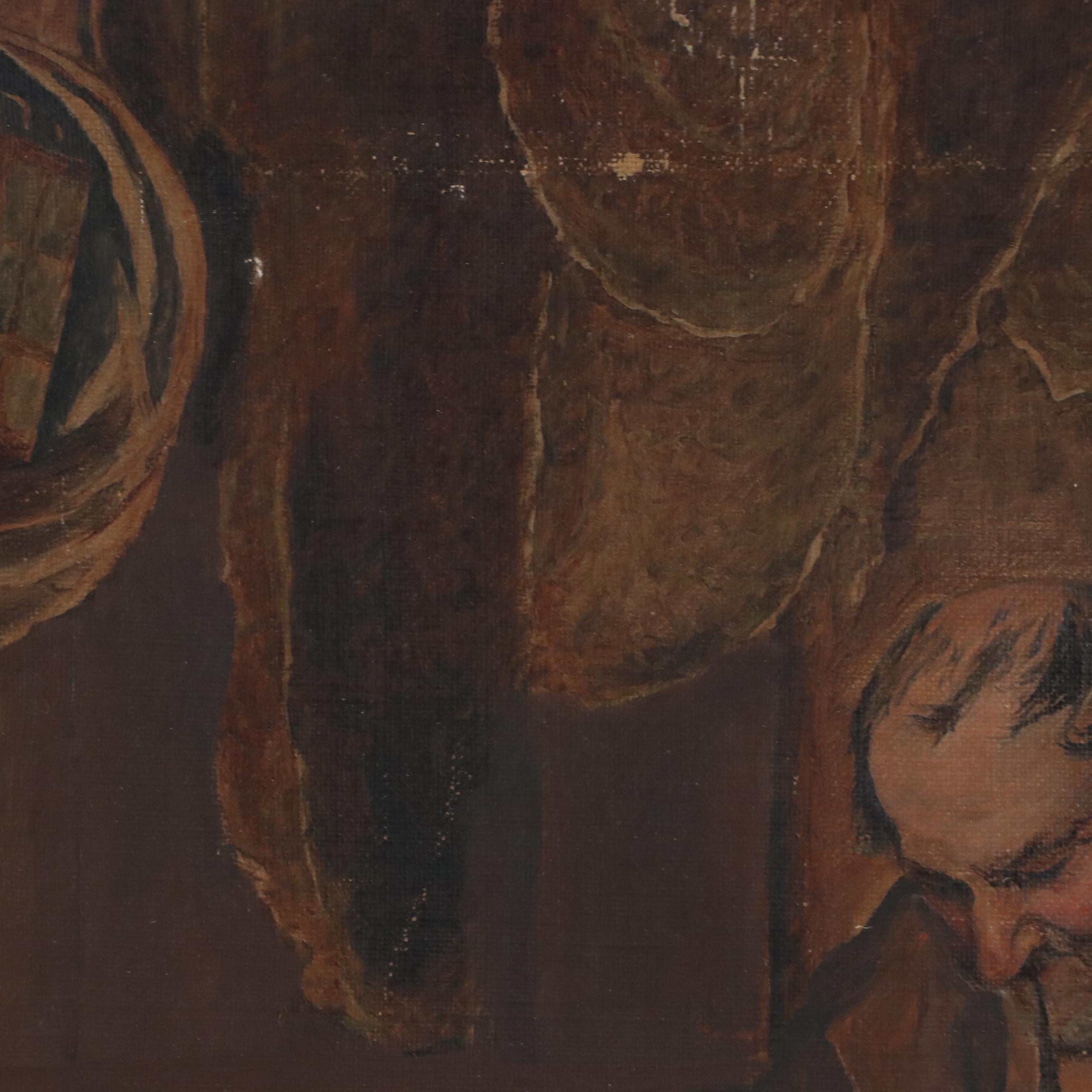 Genre Oil Painting of Man Teaching Whittling to Young Boy, 20th Century