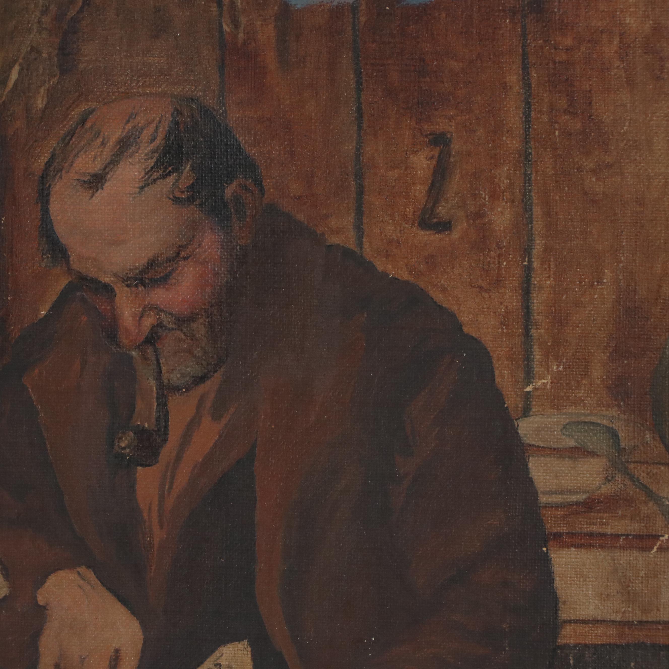 Genre Oil Painting of Man Teaching Whittling to Young Boy, 20th Century