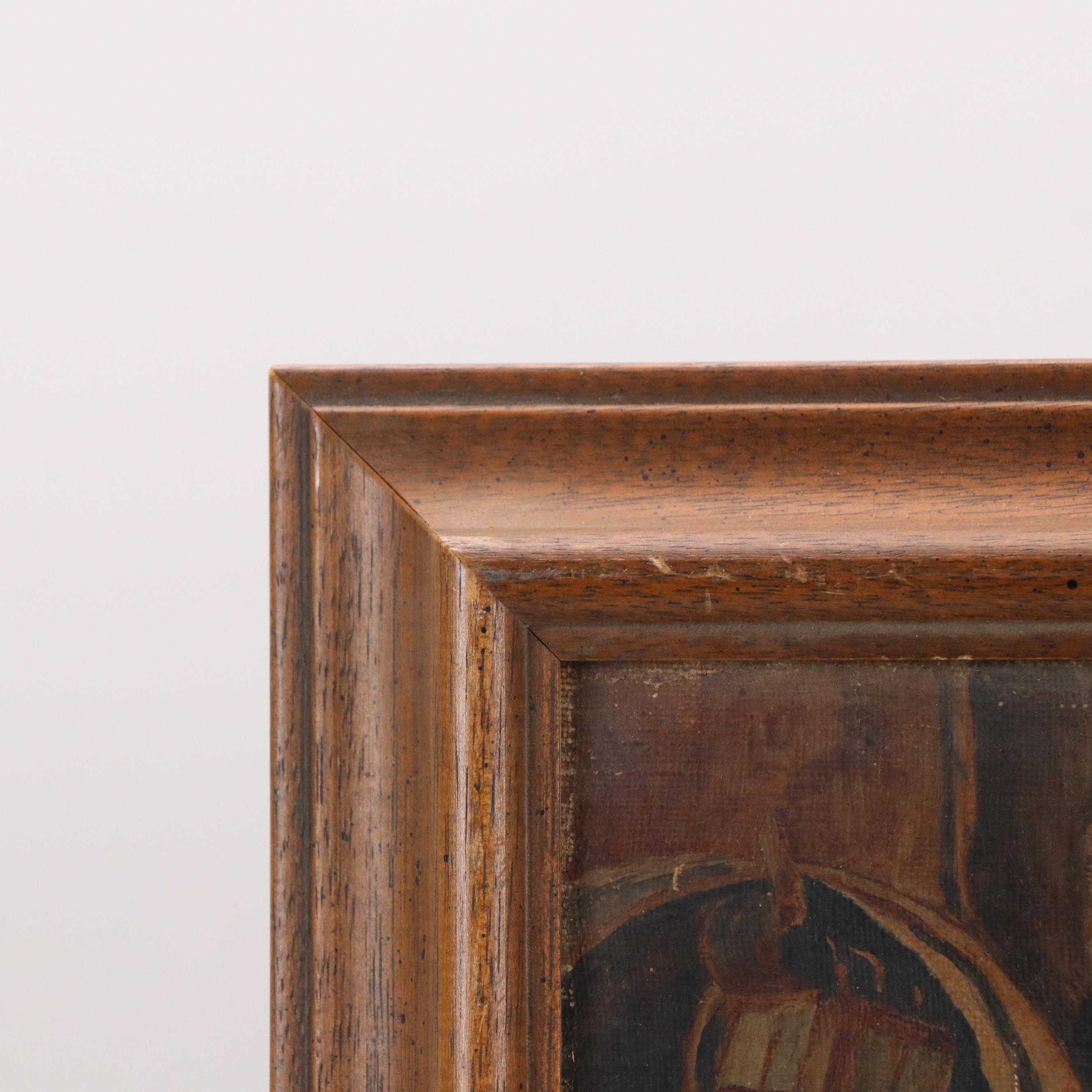 Genre Oil Painting of Man Teaching Whittling to Young Boy, 20th Century