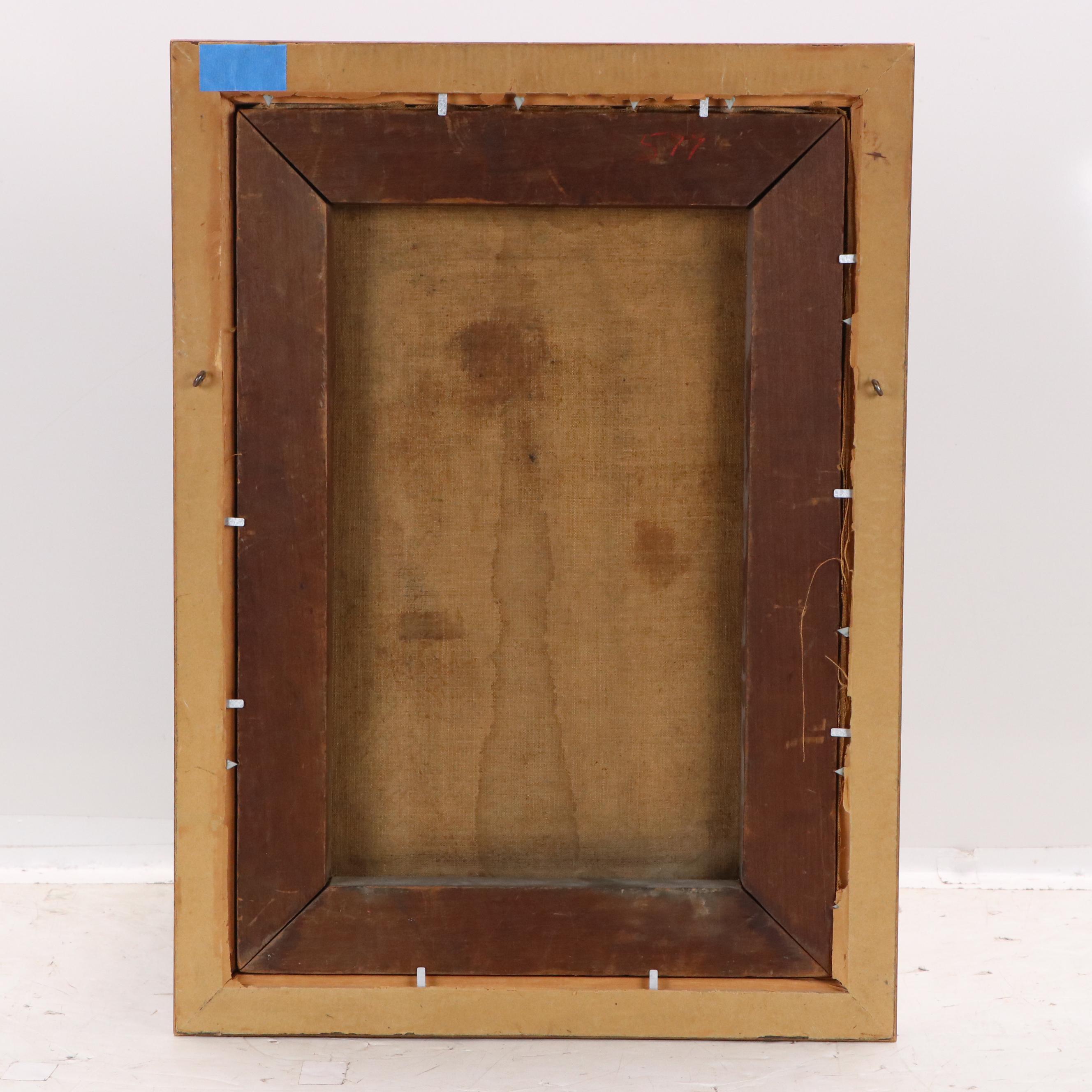 Genre Oil Painting of Man Teaching Whittling to Young Boy, 20th Century