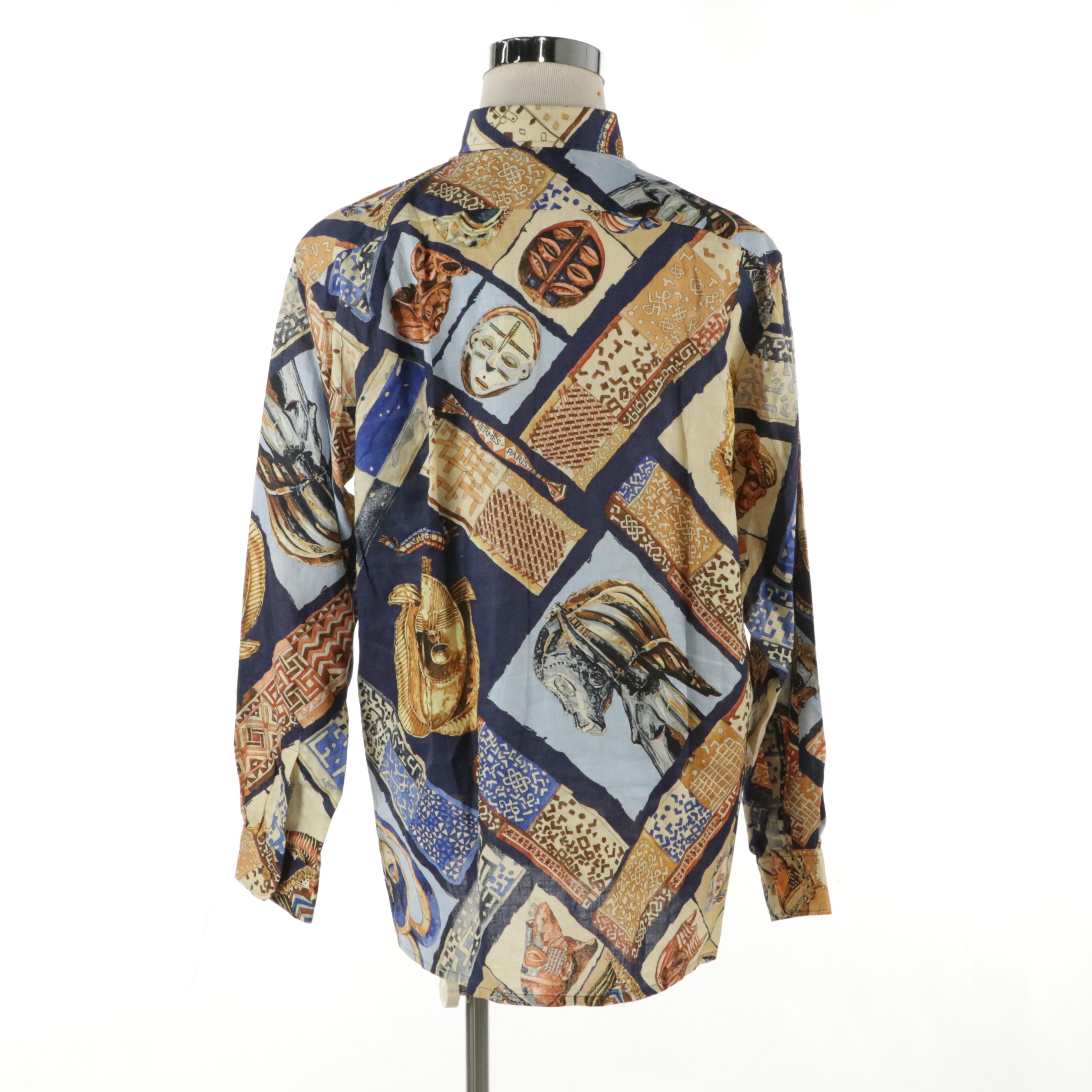 Men's Hermès Long Sleeve Shirt in "Persona" Print Linen