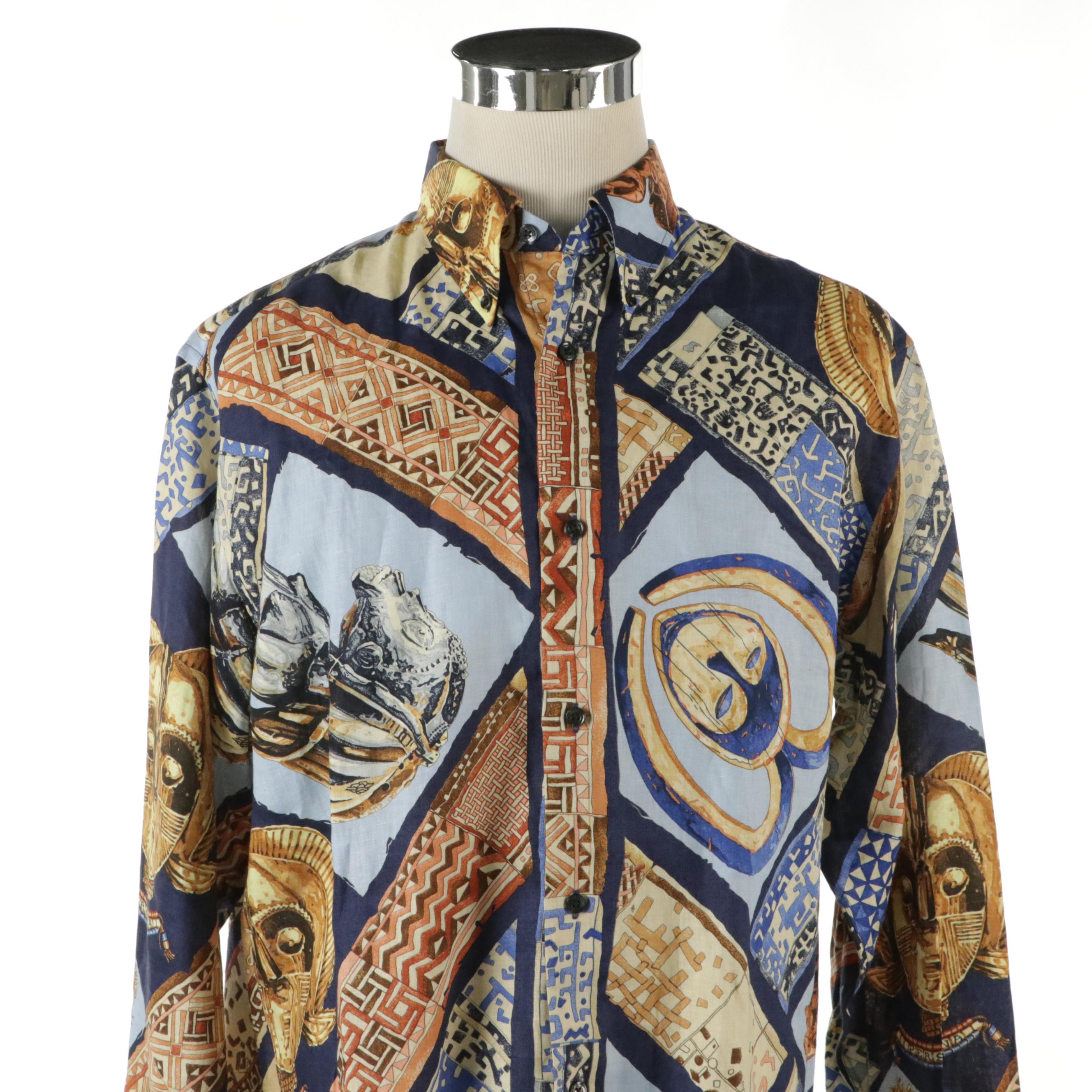 Men's Hermès Long Sleeve Shirt in "Persona" Print Linen