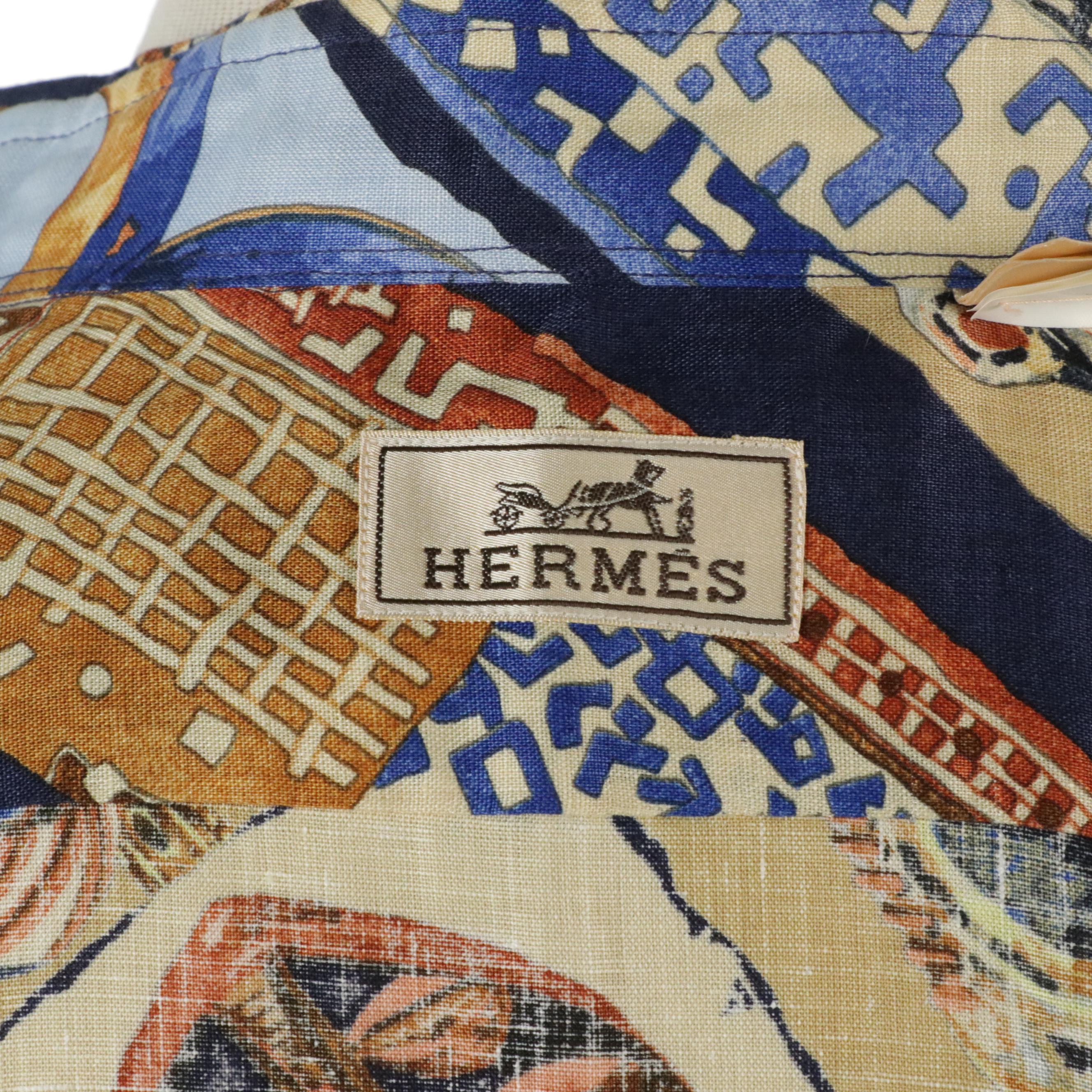 Men's Hermès Long Sleeve Shirt in "Persona" Print Linen