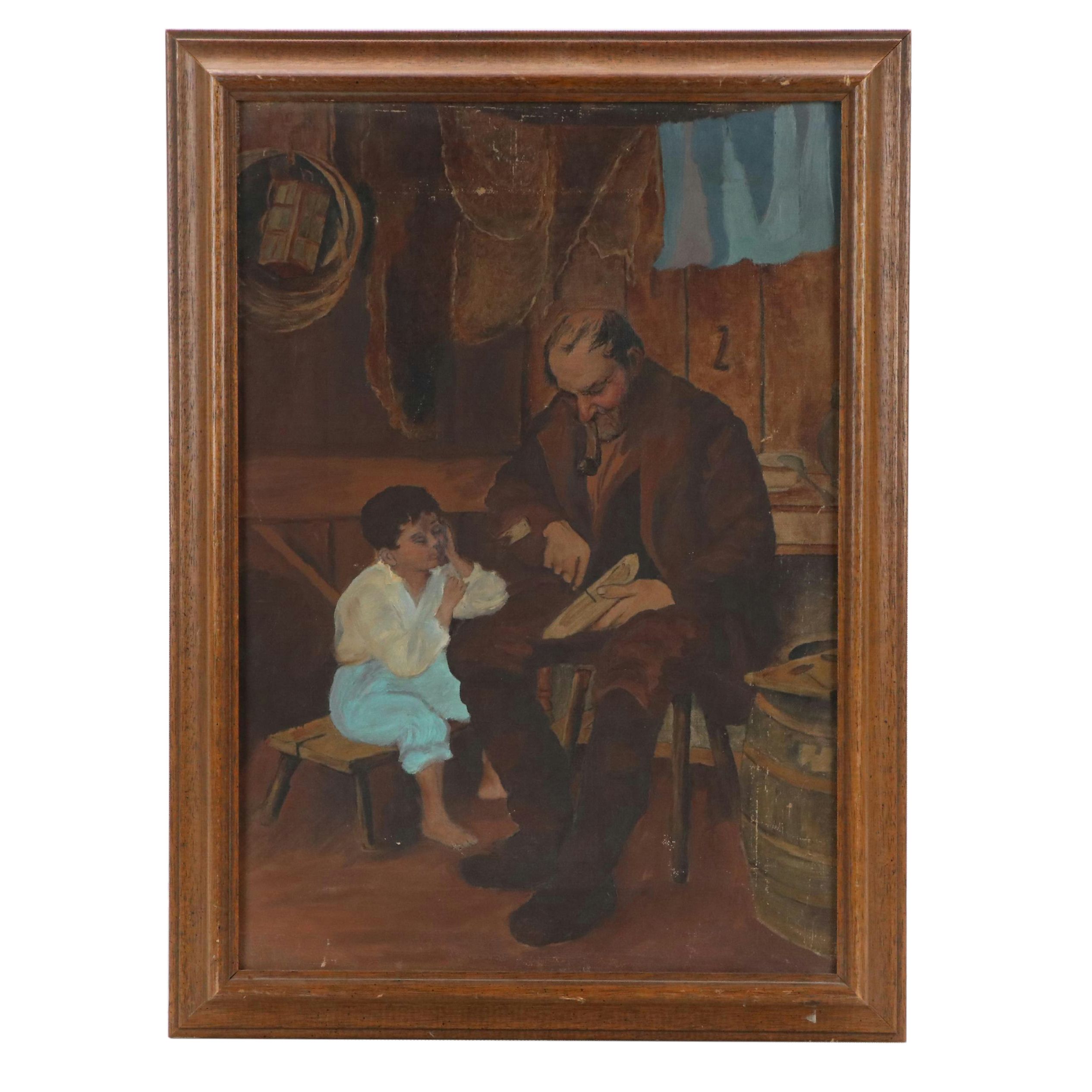 Genre Oil Painting of Man Teaching Whittling to Young Boy, 20th Century