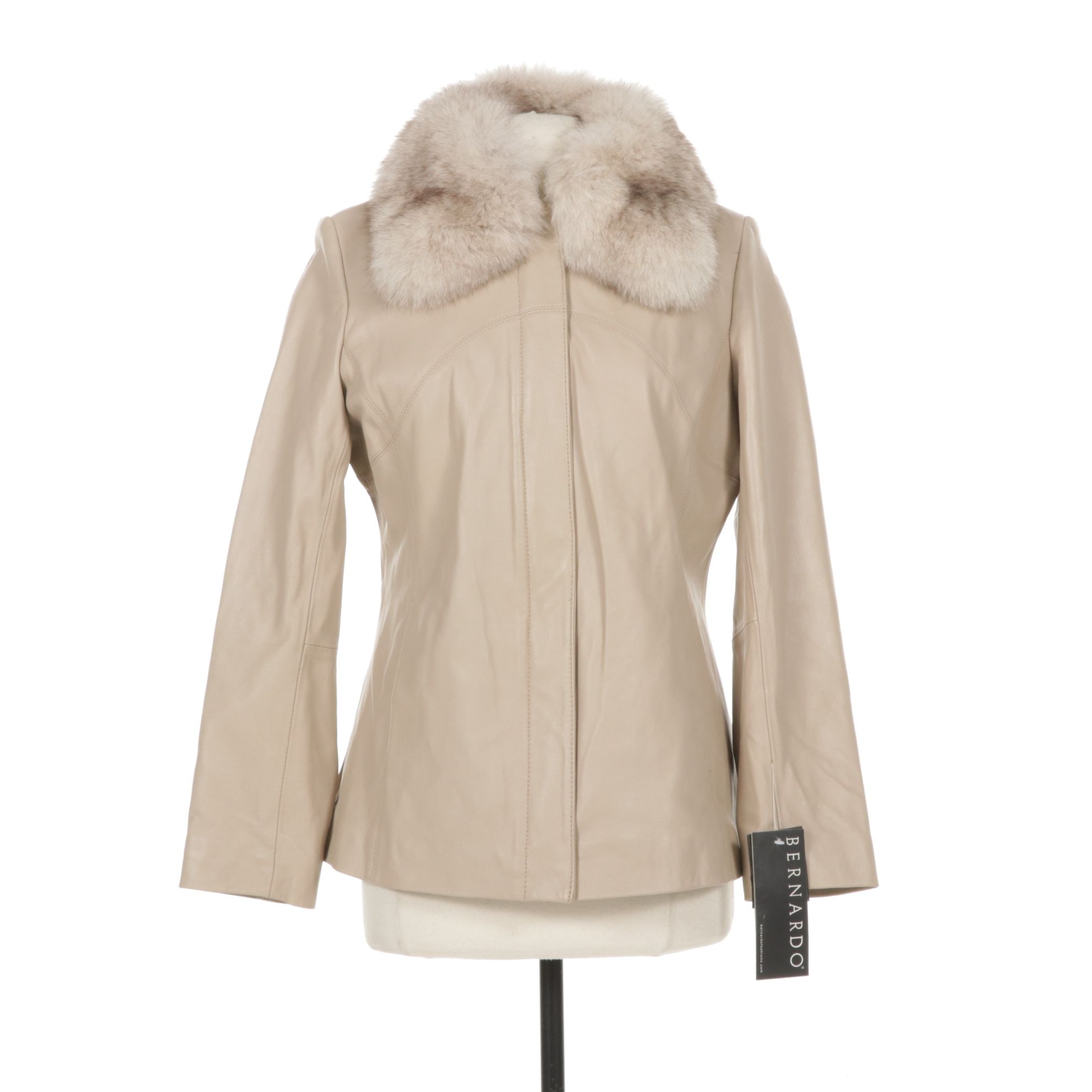 Bernardo Beige Leather Jacket with Removable Fox Fur Collar