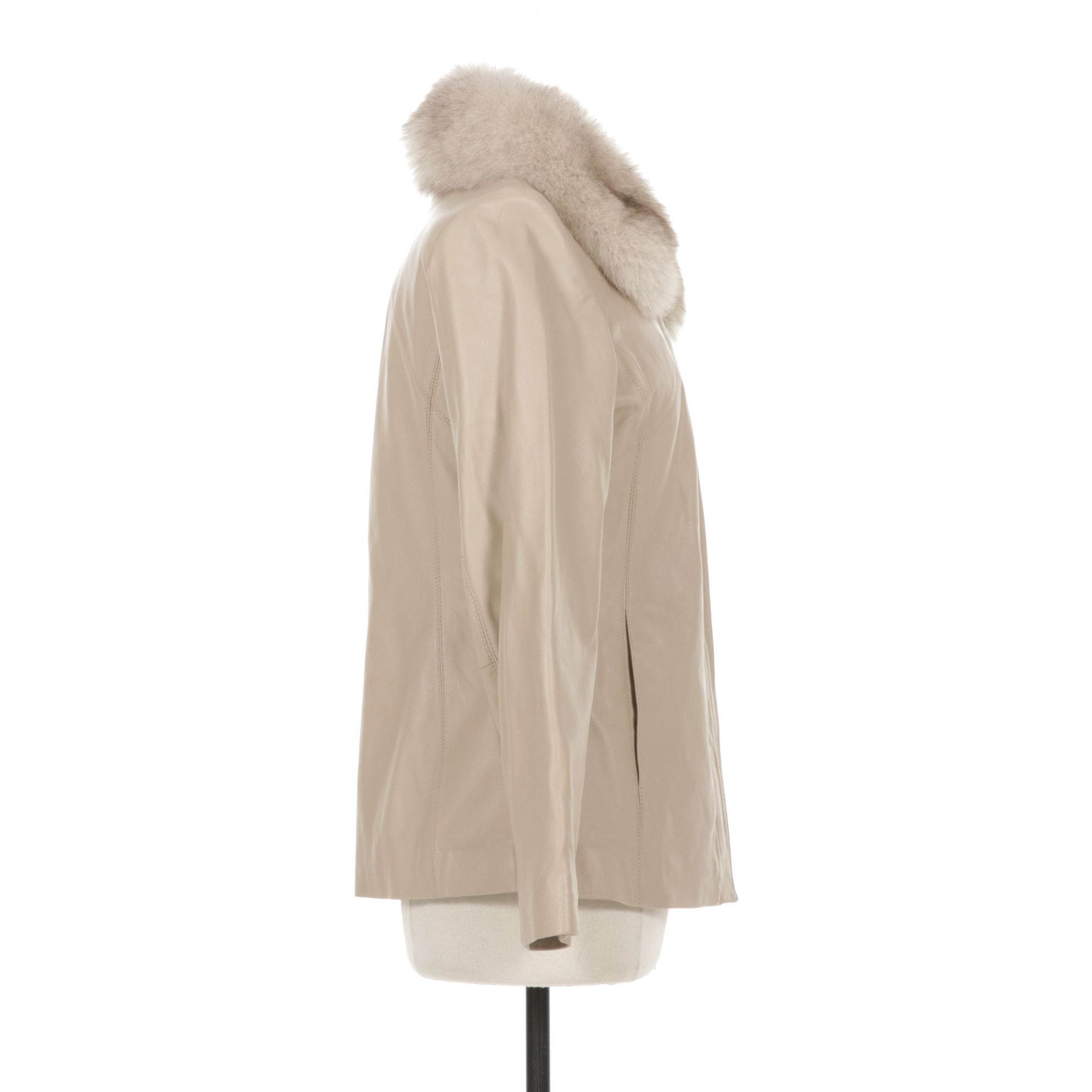 Bernardo Beige Leather Jacket with Removable Fox Fur Collar