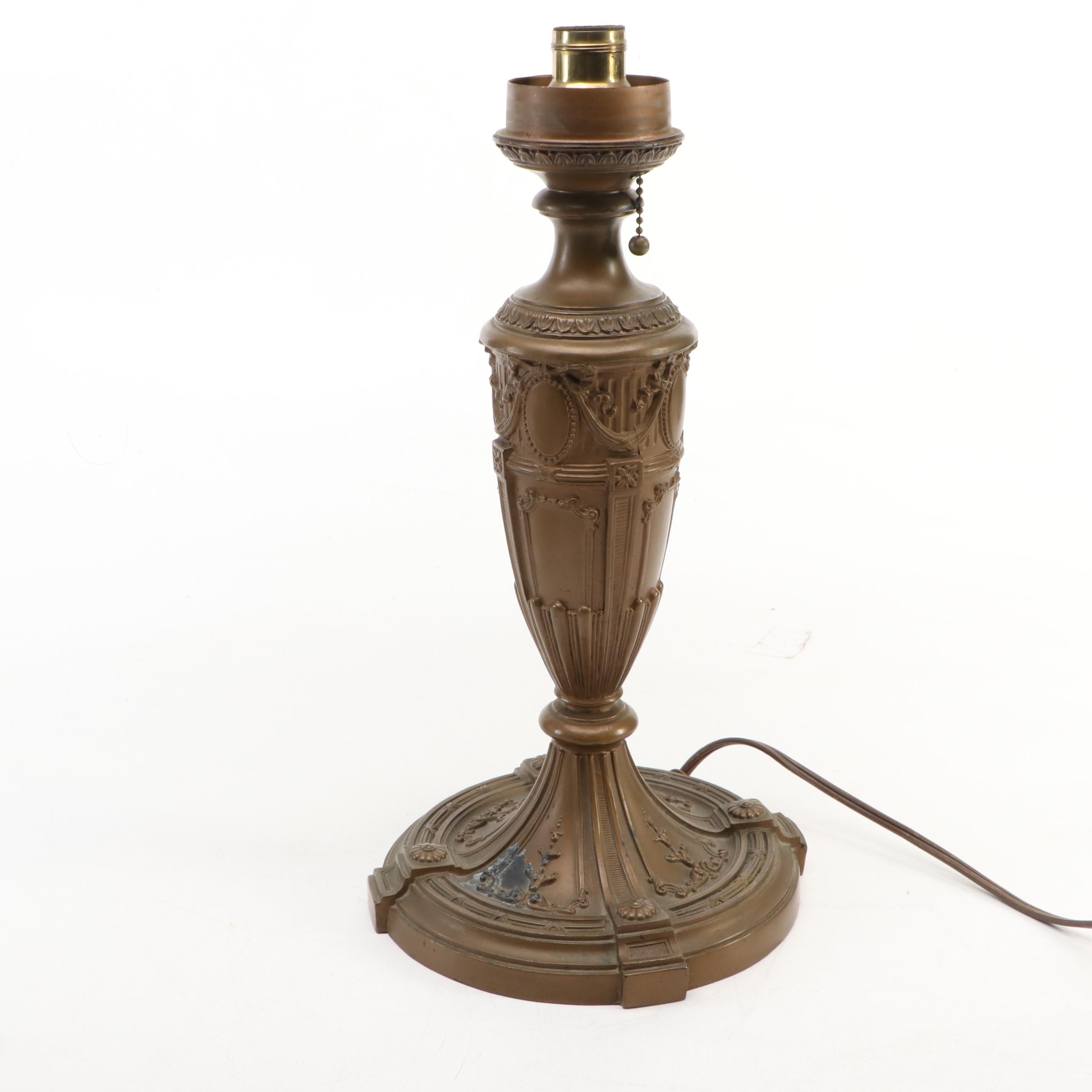 Empire Revival Style Bronzed Spelter Lamp & Bent Panel Slag Glass Double Shade