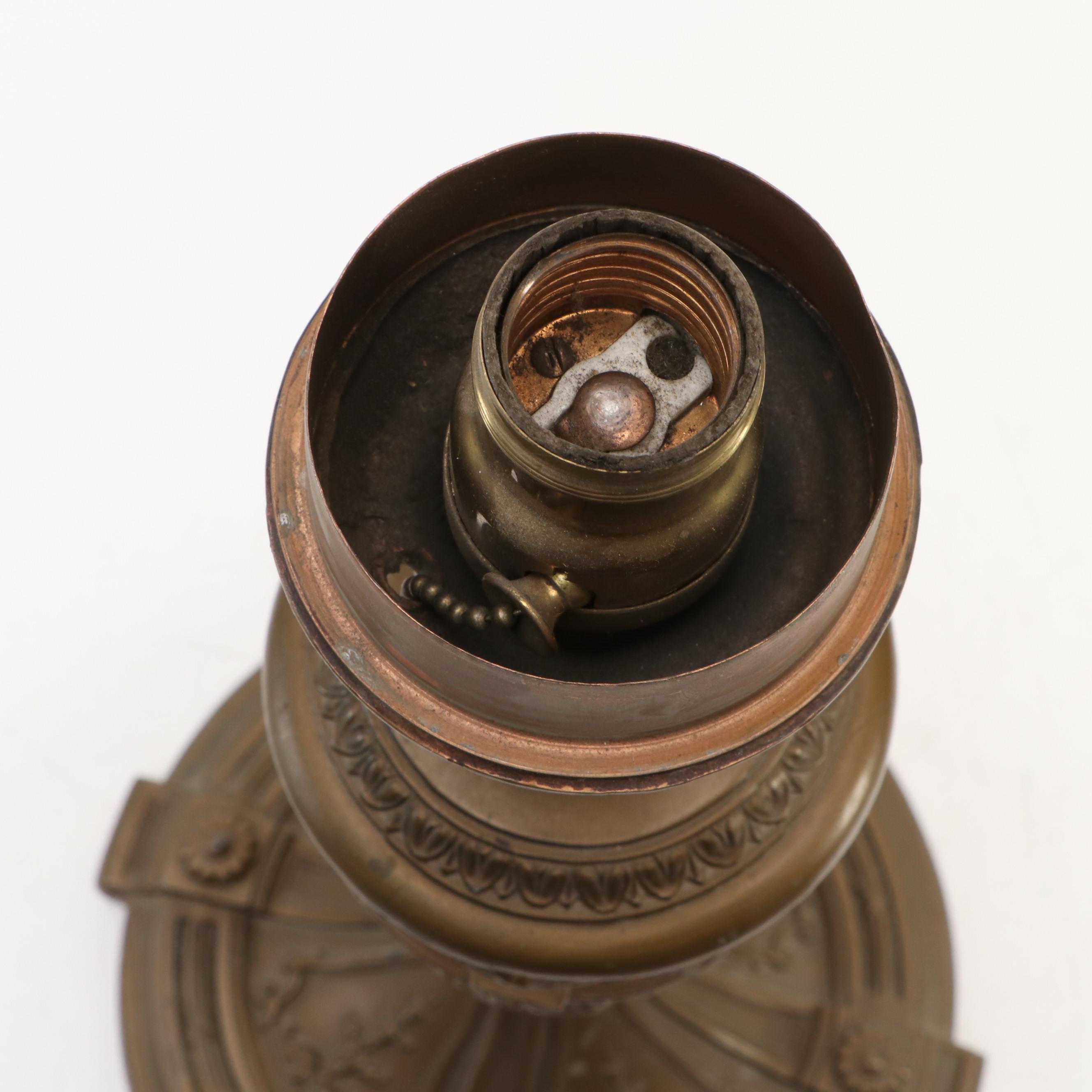 Empire Revival Style Bronzed Spelter Lamp & Bent Panel Slag Glass Double Shade