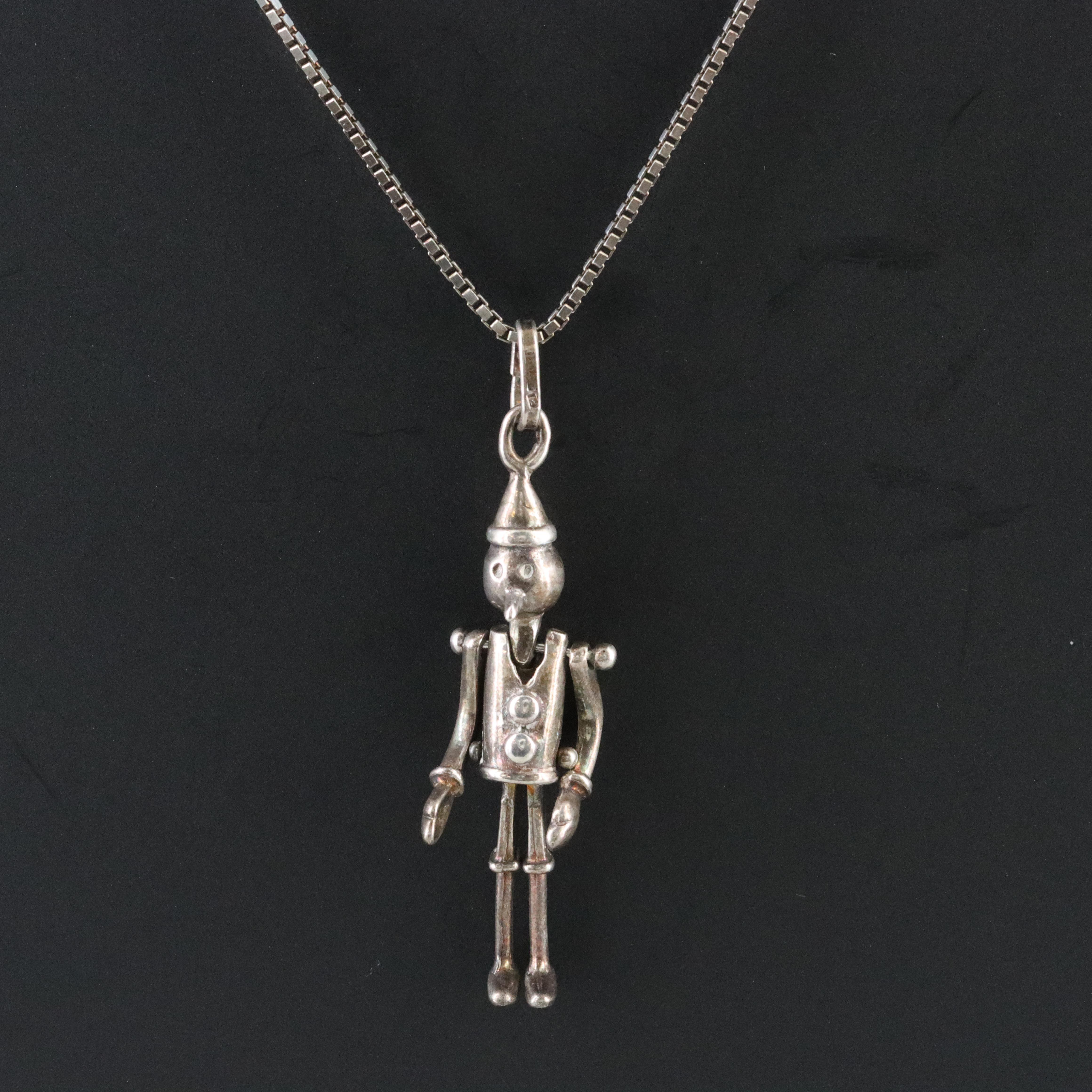Italian Sterling Articulated Pinocchio Pendant Necklace