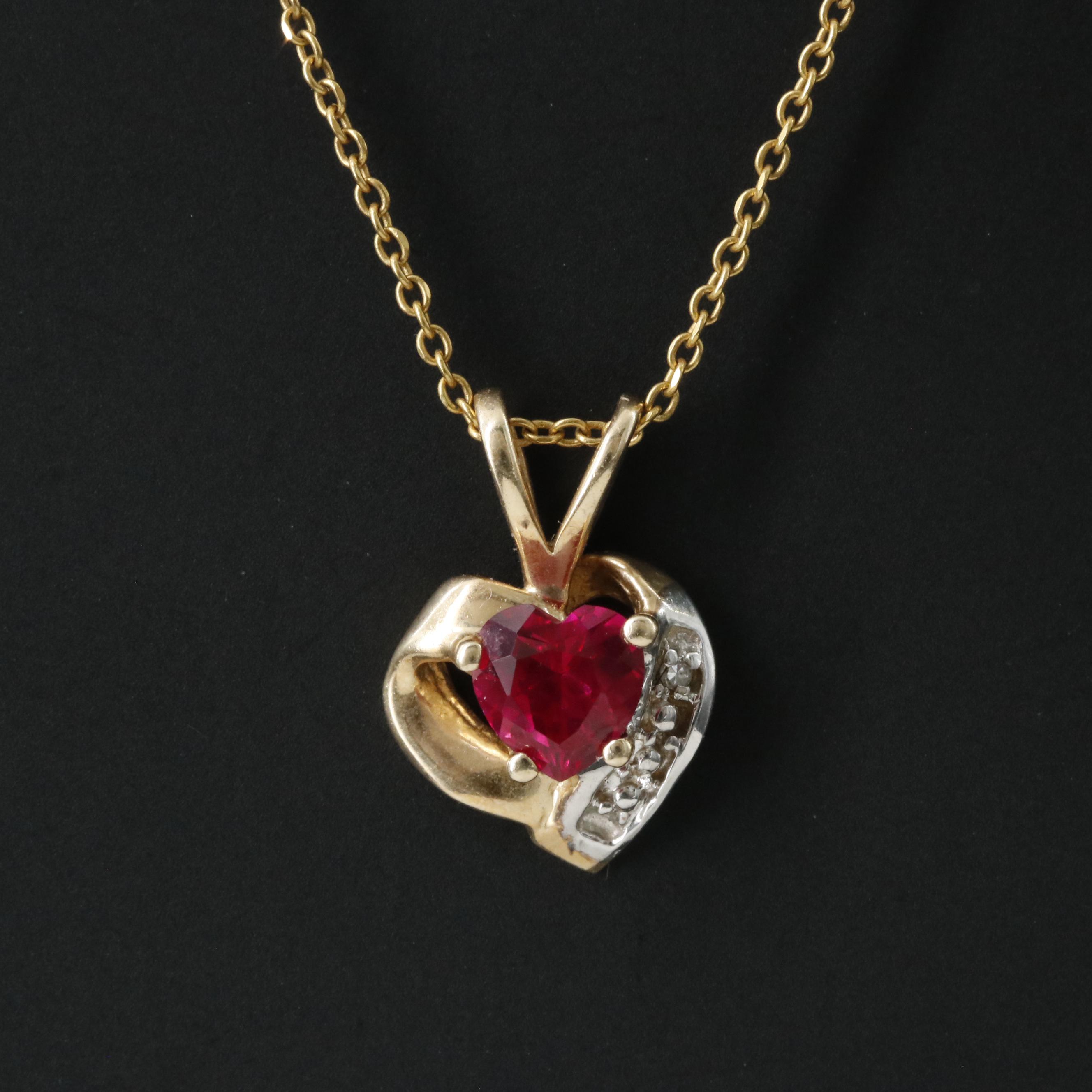 10K Ruby and Diamond Heart Pendant on 14K Chain
