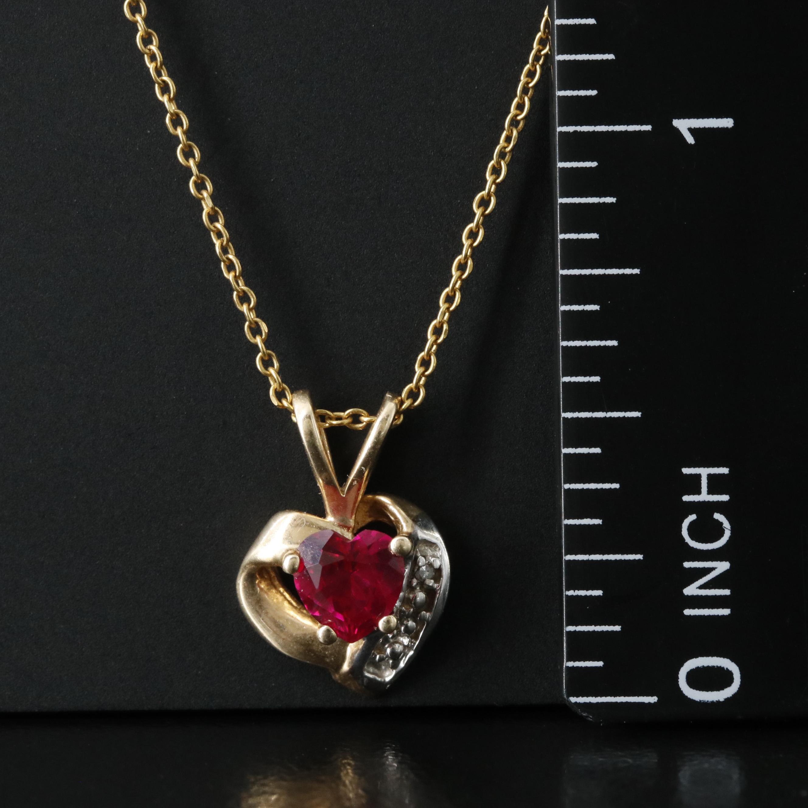 10K Ruby and Diamond Heart Pendant on 14K Chain
