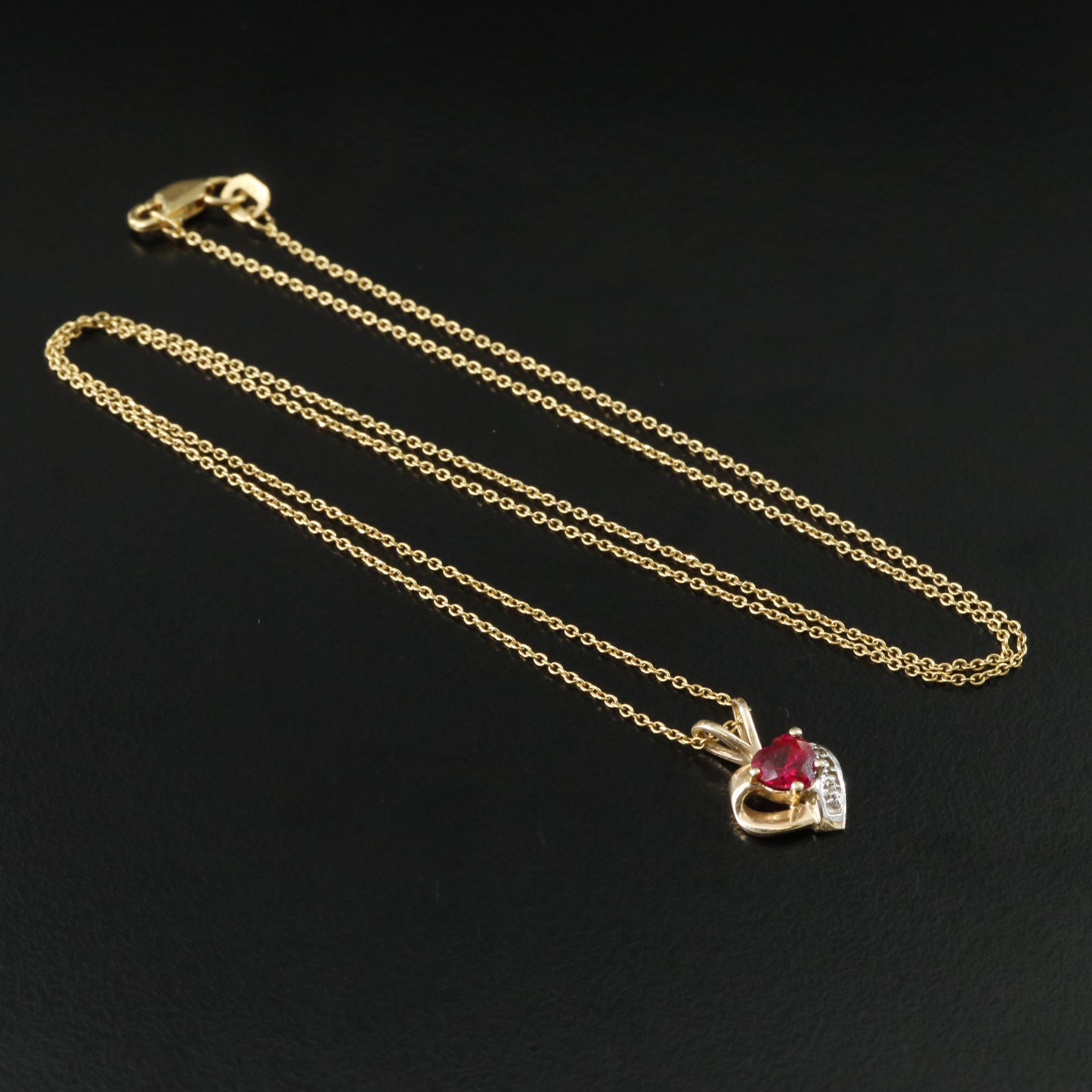10K Ruby and Diamond Heart Pendant on 14K Chain