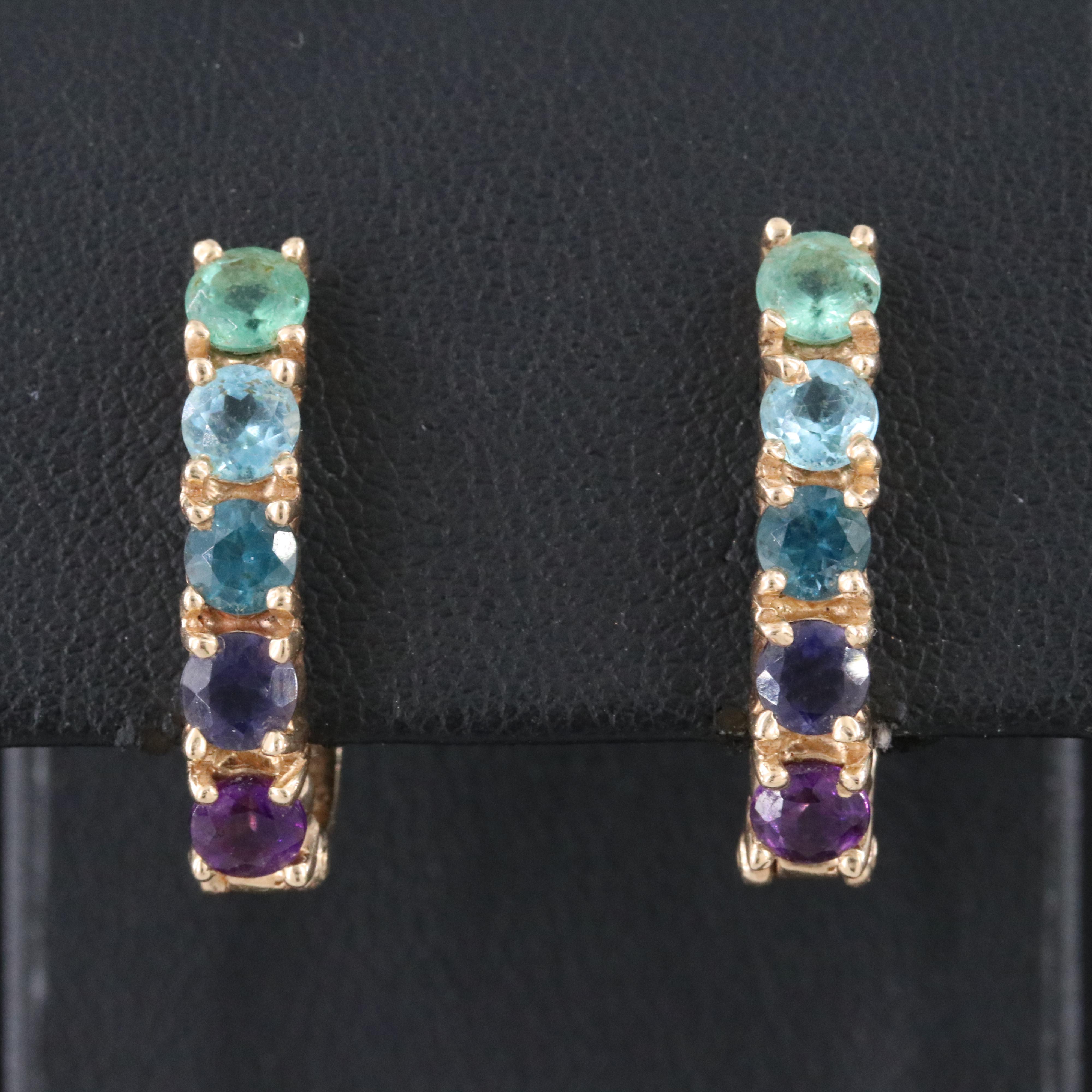 14K Multicolored Gemstone Earrings - Blue Topaz, Amethyst, Tanzanite and Emerald