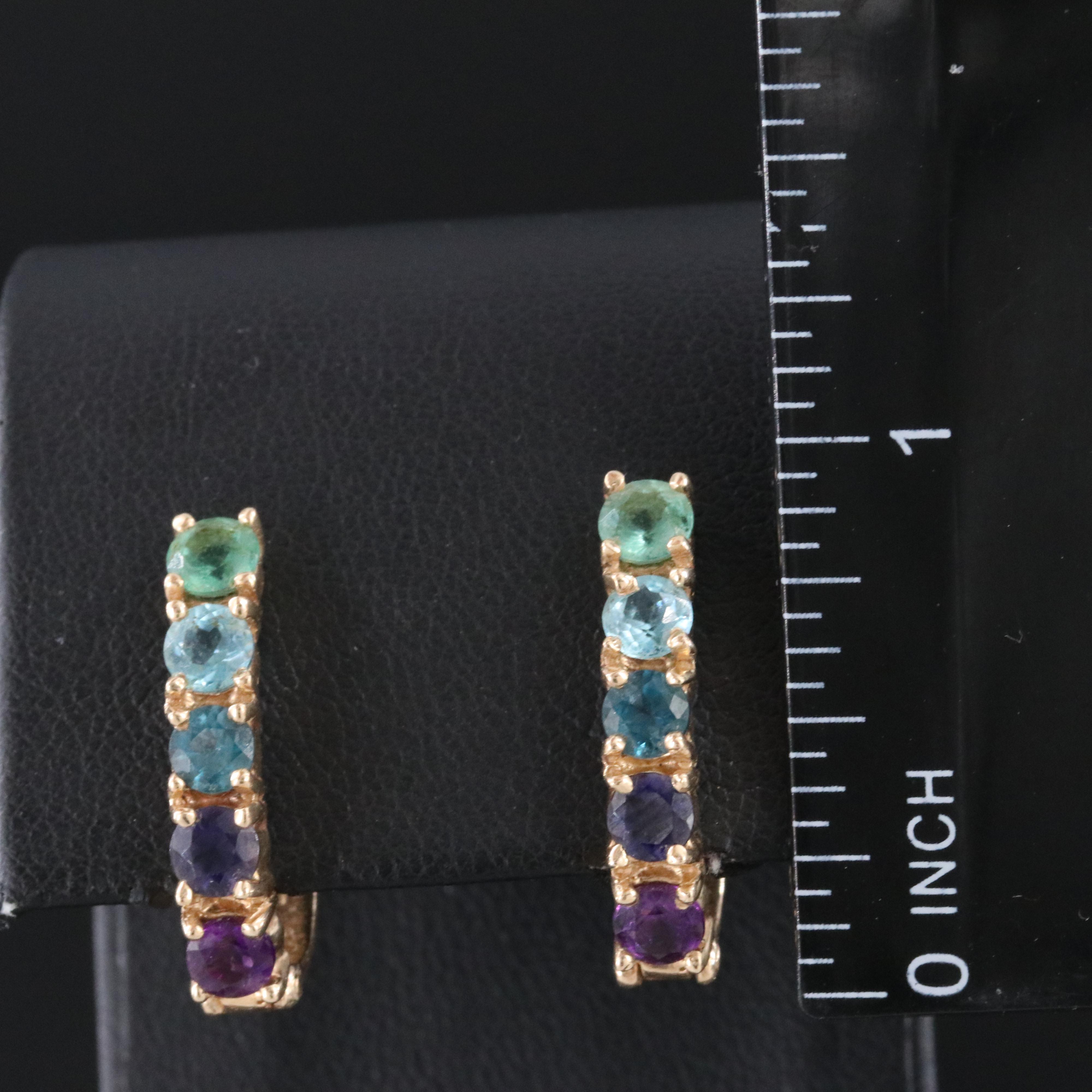 14K Multicolored Gemstone Earrings - Blue Topaz, Amethyst, Tanzanite and Emerald