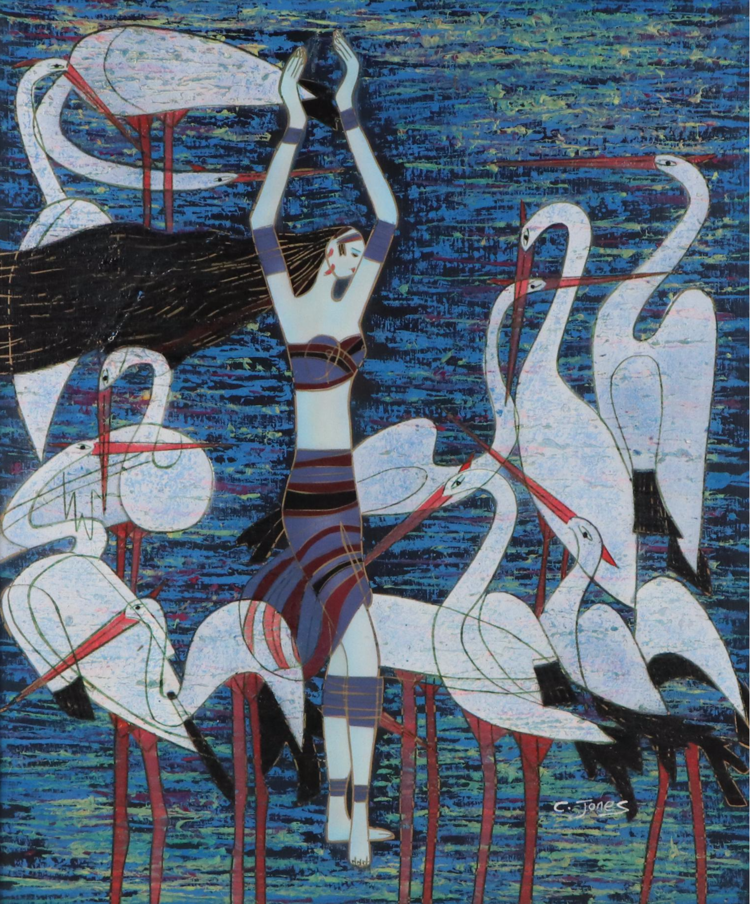 C. Jones MCM Acrylic Painting of Woman Surrounded by Cranes